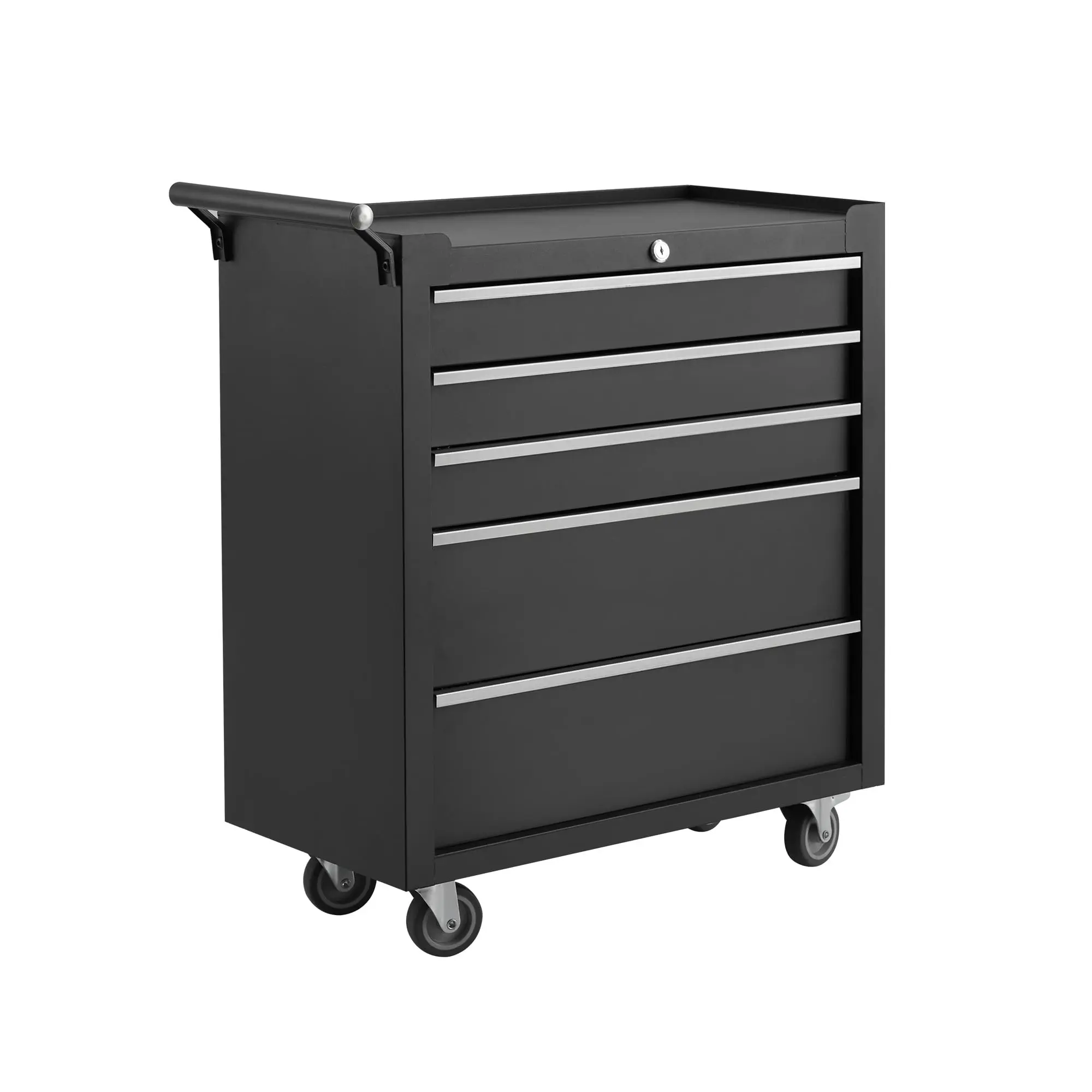 Black 24-inch deep mobile rolling tool cabinet features 5 storage drawers, central key lock and anti-slip drawer liners, sturdy metal construction for neat tool storage in garage, warehouse and auto repair workshop.