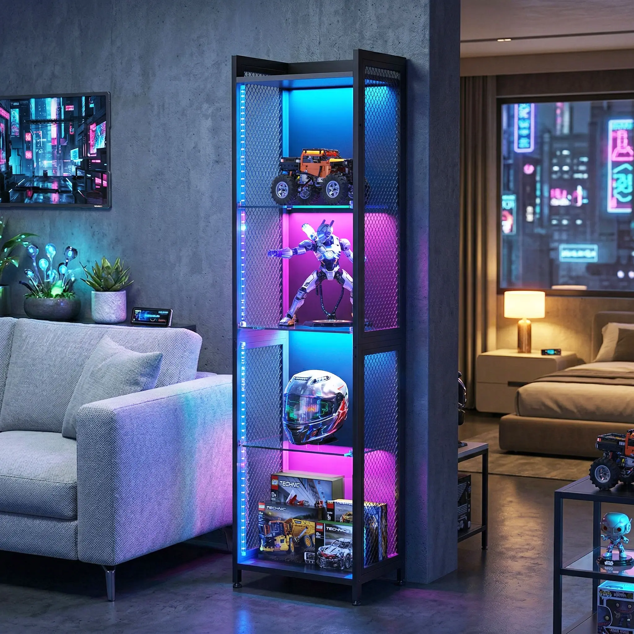AODK Modern Single Unit Tall Glass Display Case with LED Lights - Corner Cabinet with Open Shelves & Mesh Sides, Curio for Collectibles