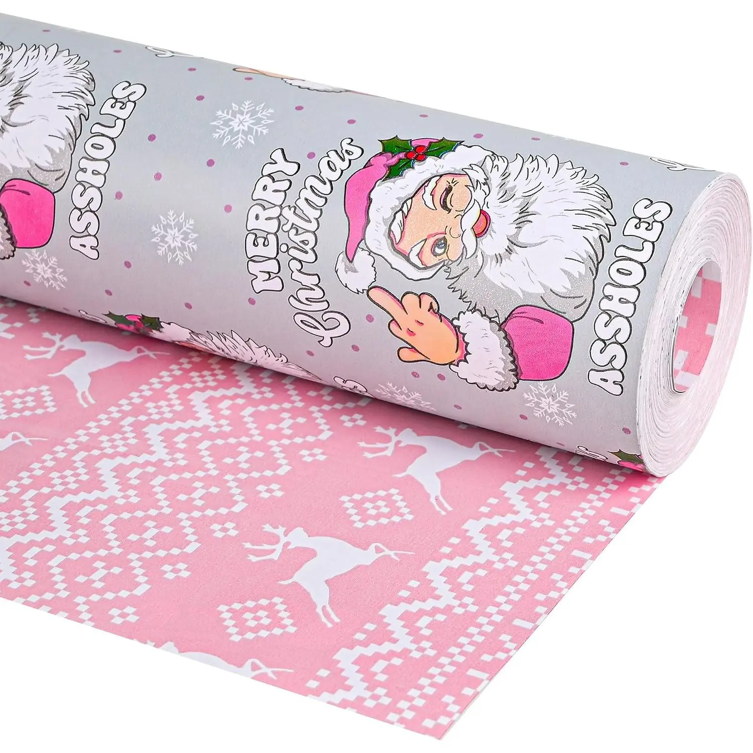 Funny Santa Grey Reversible Christmas Wrapping Paper Roll - 17x16.5ft, Adult Office Stationery & Gift Wrapping Supplies for Watch Party, Anniversary, 17 Inches Colorful Packaging Gifts & Wrapping, Manufacturer Warrenty