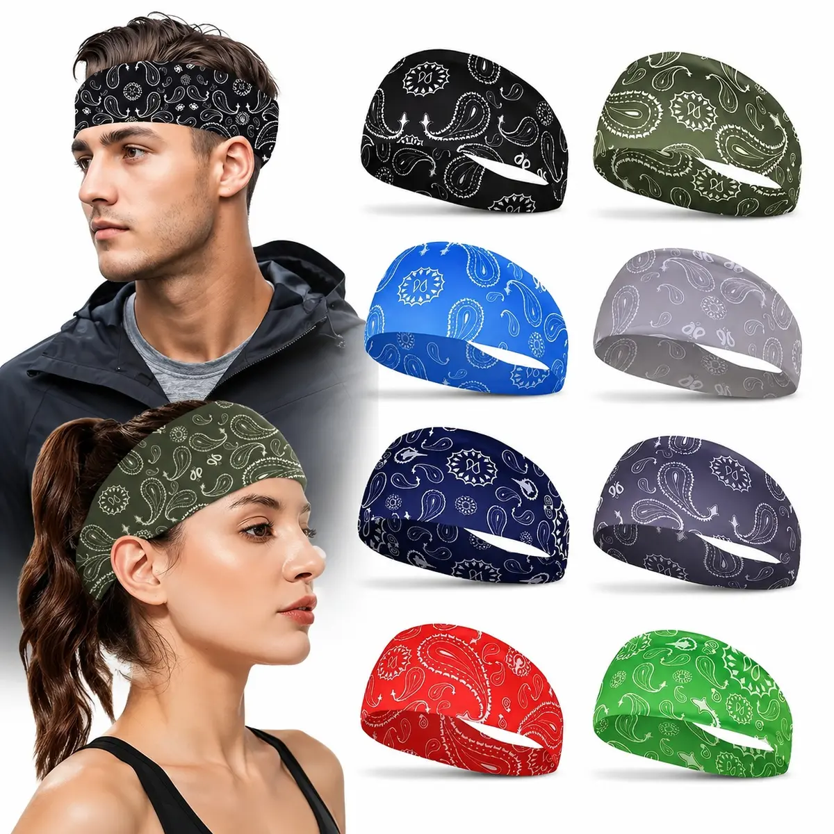 Unisex Classic Paisley Wide Stretchable Sports Headbands - Non-Slip, Moisture-Wicking, Quick-Dry Boho Head Wraps for Running Yoga, All Seasons