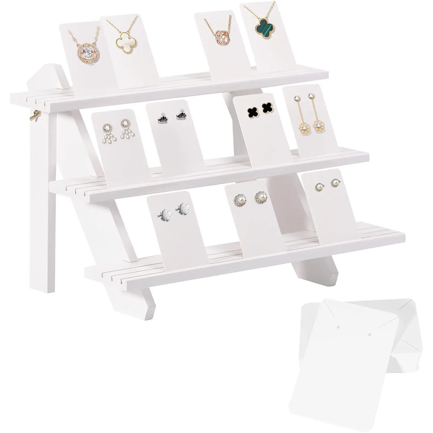 Tiered Earring Display Stand, 3-Tier White Retail  Card Display With  + 50 Earring Cards, Portable Ring Organizer Holder,  Racks for Business