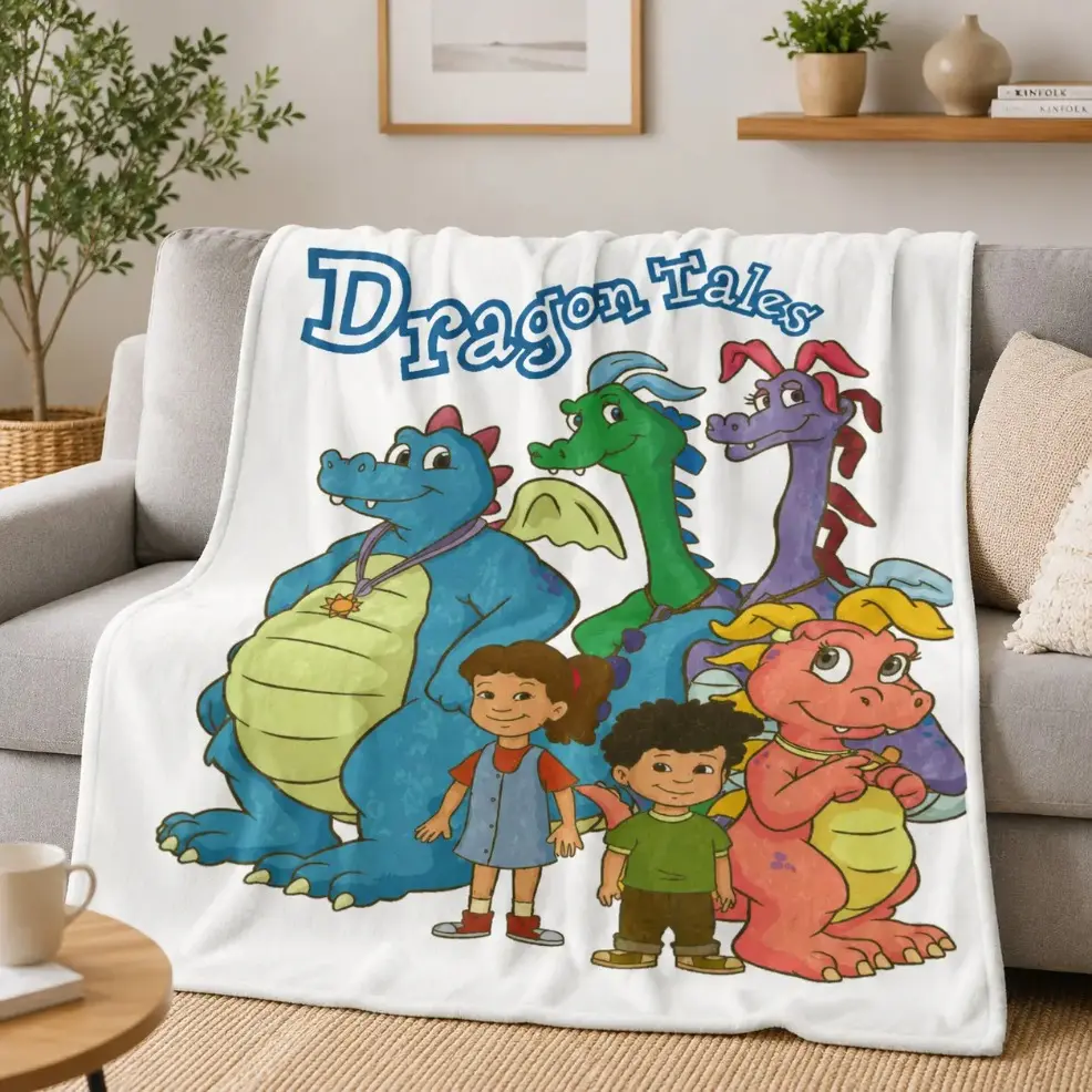 Dragon Tales Inspired Flannel Blanket - Colorful Cartoon Dragon Adventure Throw, Soft Warm Durable Breathable Bedding for Kids, Adult, Baby Blanket & Adult Blanket, Story Time, Bedtime Use in Bedroom, Sofa, All‑Season Wrinkle‑Resistant Vivid Print Home De