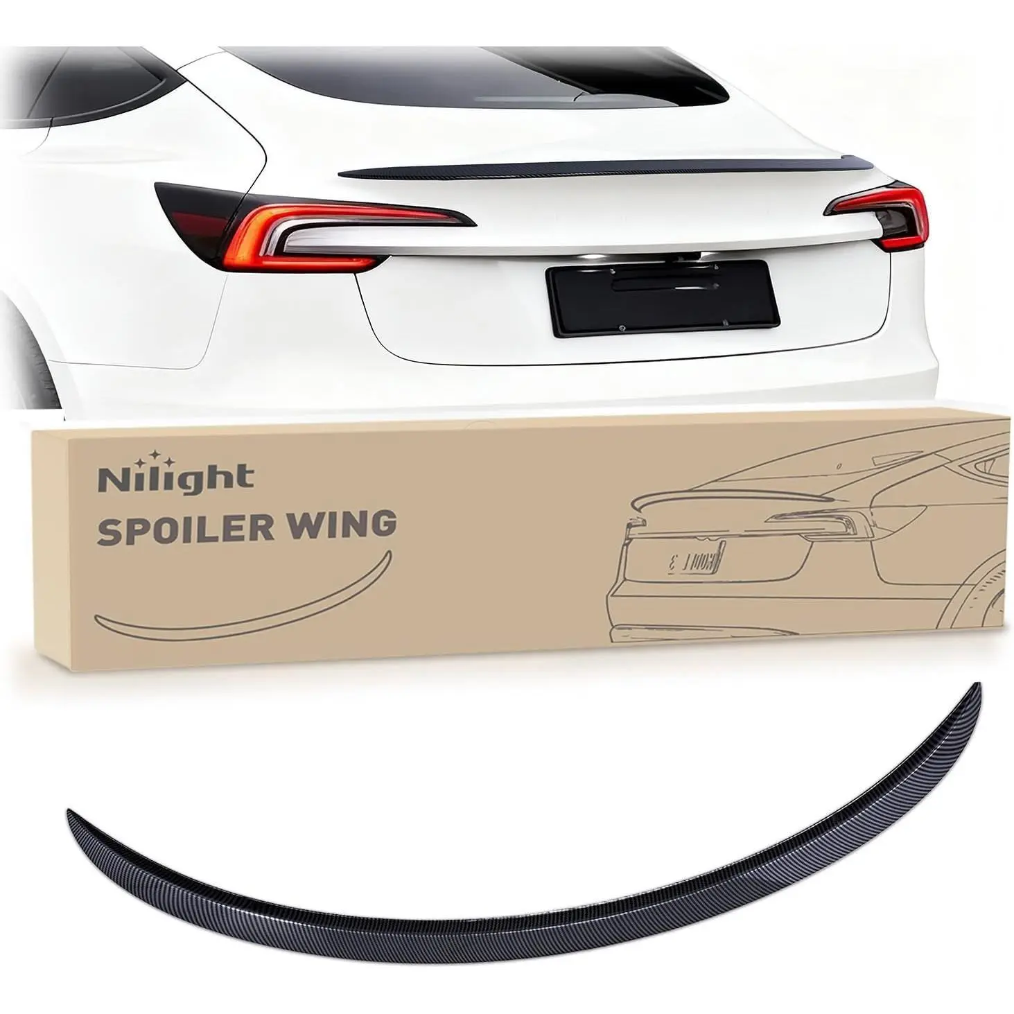 Nilight Spoiler Fit for Tesla Model 3 Highland 2024 Spoilers for Cars Rear Spoiler Wing Sporty Rear Trunk Lip Exterior Accessories No-Drill Installation ABS Carbon Fiber Pattern, Glossy Black