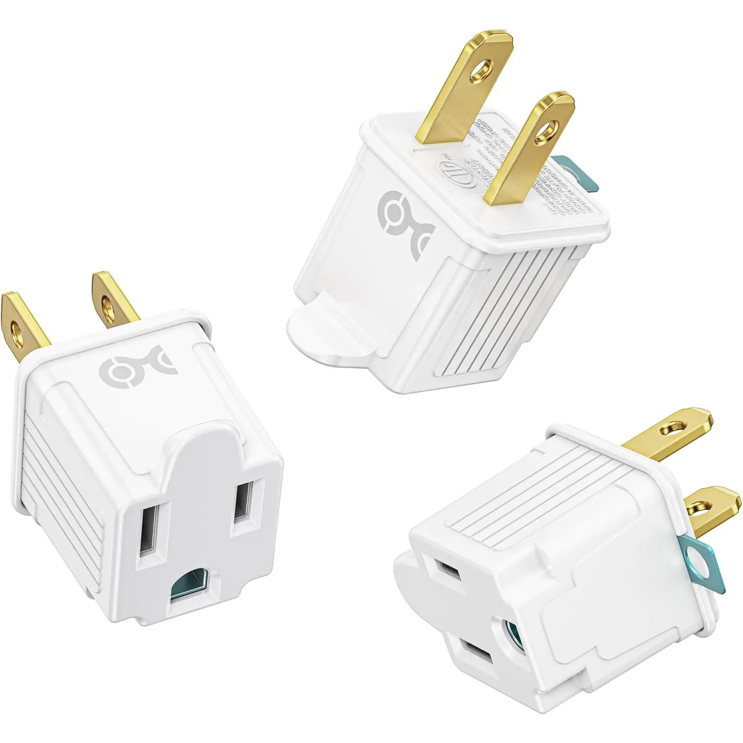 [ETL Listed]  3-Pack 2 Prong to 3 Prong Outlet Adapter,  to 2P Plug Adapter - Converts a 2Prong Outlet to Support 3Prong Plugs, White