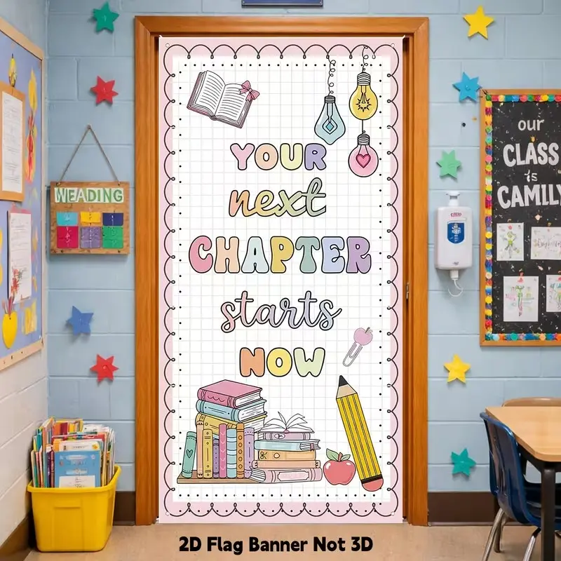 2D Flat Banner Door Cover, Classroom Welcome Door Sticker Set, Laptop Back-To-School Banner, Wall Door Decor, No Power Required
