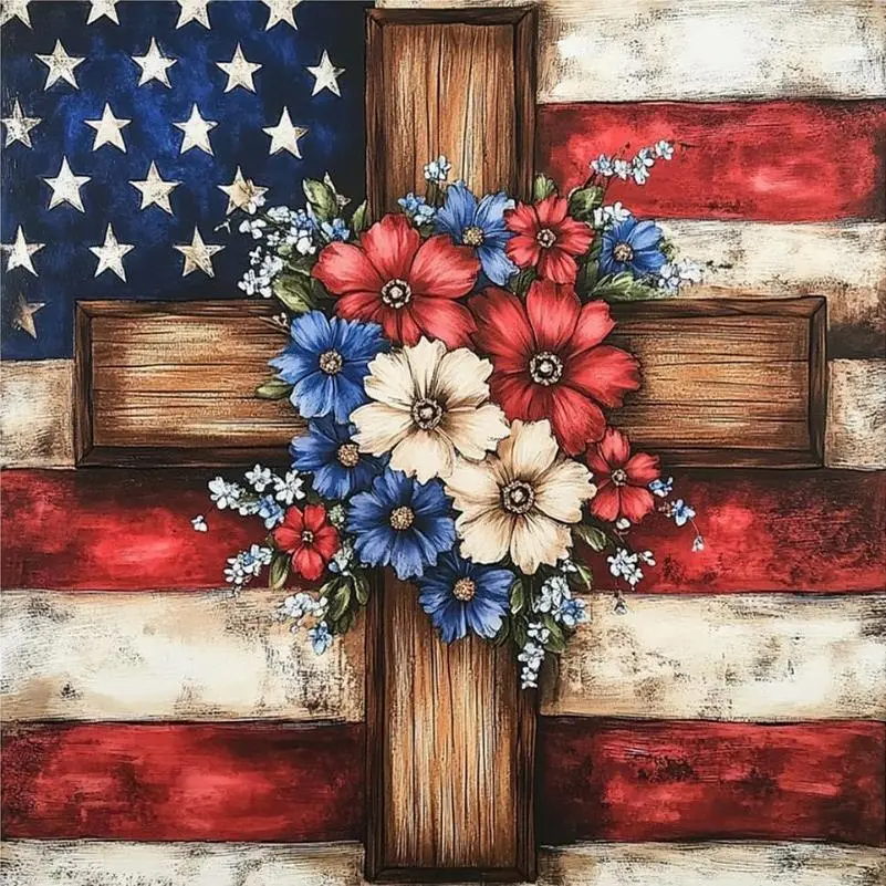 5D Full Drill Diamond Painting Kit - Wooden Cross with Red White Blue Wildflowers, Vintage American Flag, Patriotic Christian Art for Home Wall Decor, DIY Craft with Rhinestones, Canvas & Tools, Ideal for Faith, Patriotism & Independence Day Themes