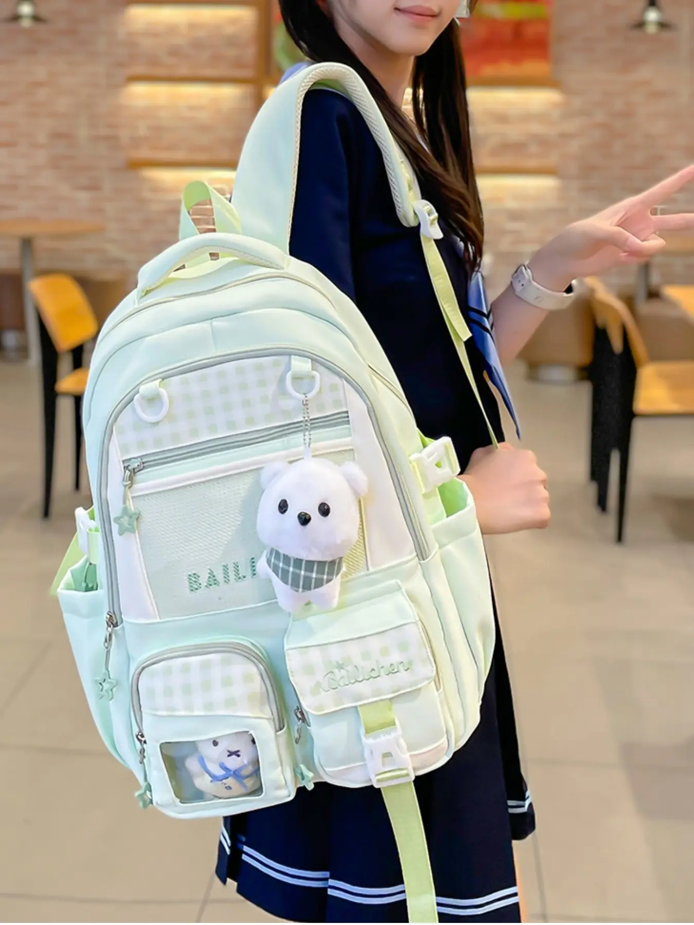 2026 New Cute Bear Plush Backpack for Girls, Large Capacity Multi-Pocket Transparent Window Student Bag, Waterproof School Backpack
