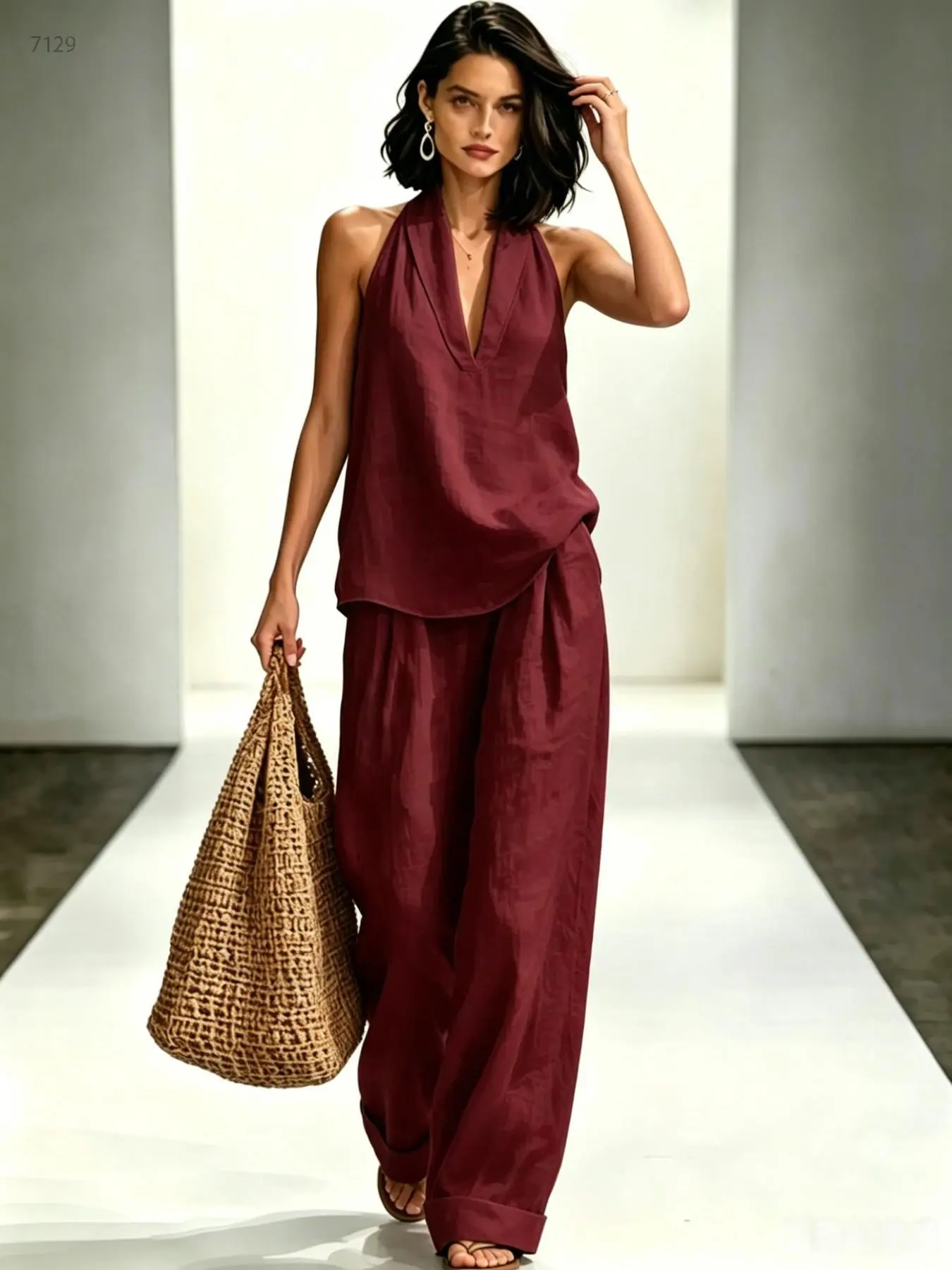 D7129 Women's Boho Style Two-Piece Set, Sleeveless Tank Top with Loose Fit Wide Leg Pants, Casual Summer for Beach and Daily Wear.
