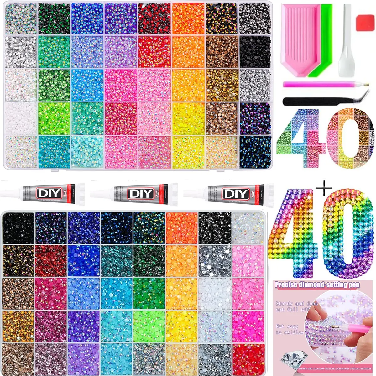 40pcs Multi-Style Rhinestones Set with Glue, Pliers, Applicator, Ideal for DIY Crafts, Clothing, Shoes, Fabric, Nail Art Decorations，Nail Art Rhinestones 、 Flatback Crystals 、 with Adhesive Glue 、 Diamond Painting