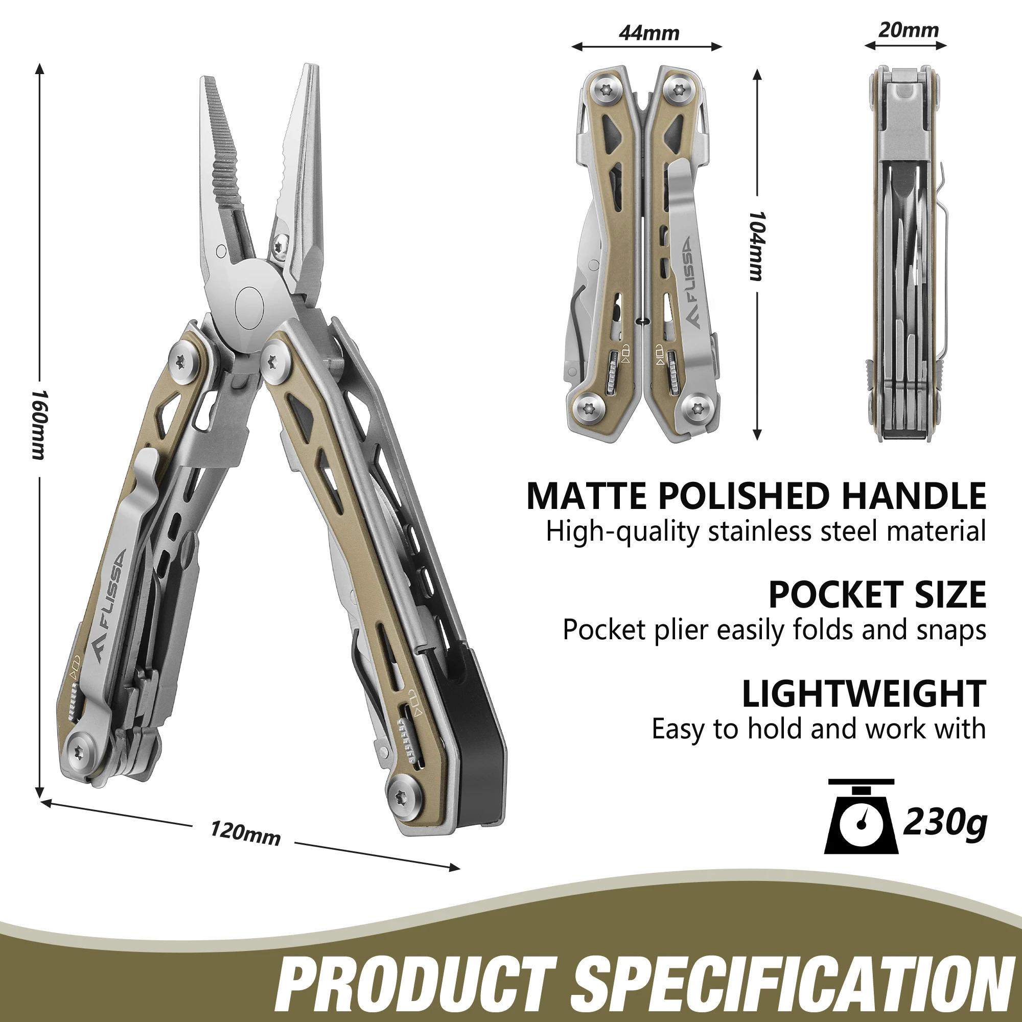 FLISSA Multi Tool Pliers Desert Tan 16 in 1 Stainless Steel Multipurpose tool with Tactical Multitool Knife, Screwdrivers