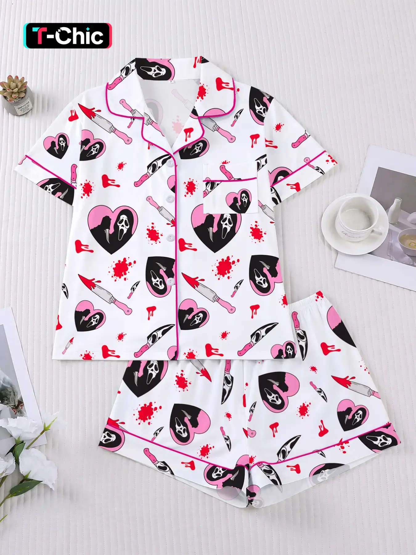 Halloween Pajama Set, Gothic Print Women's 2-Piece Sleepwear, Short Sleeve Button Shirt & Elastic Shorts, Comfortable Home Wear