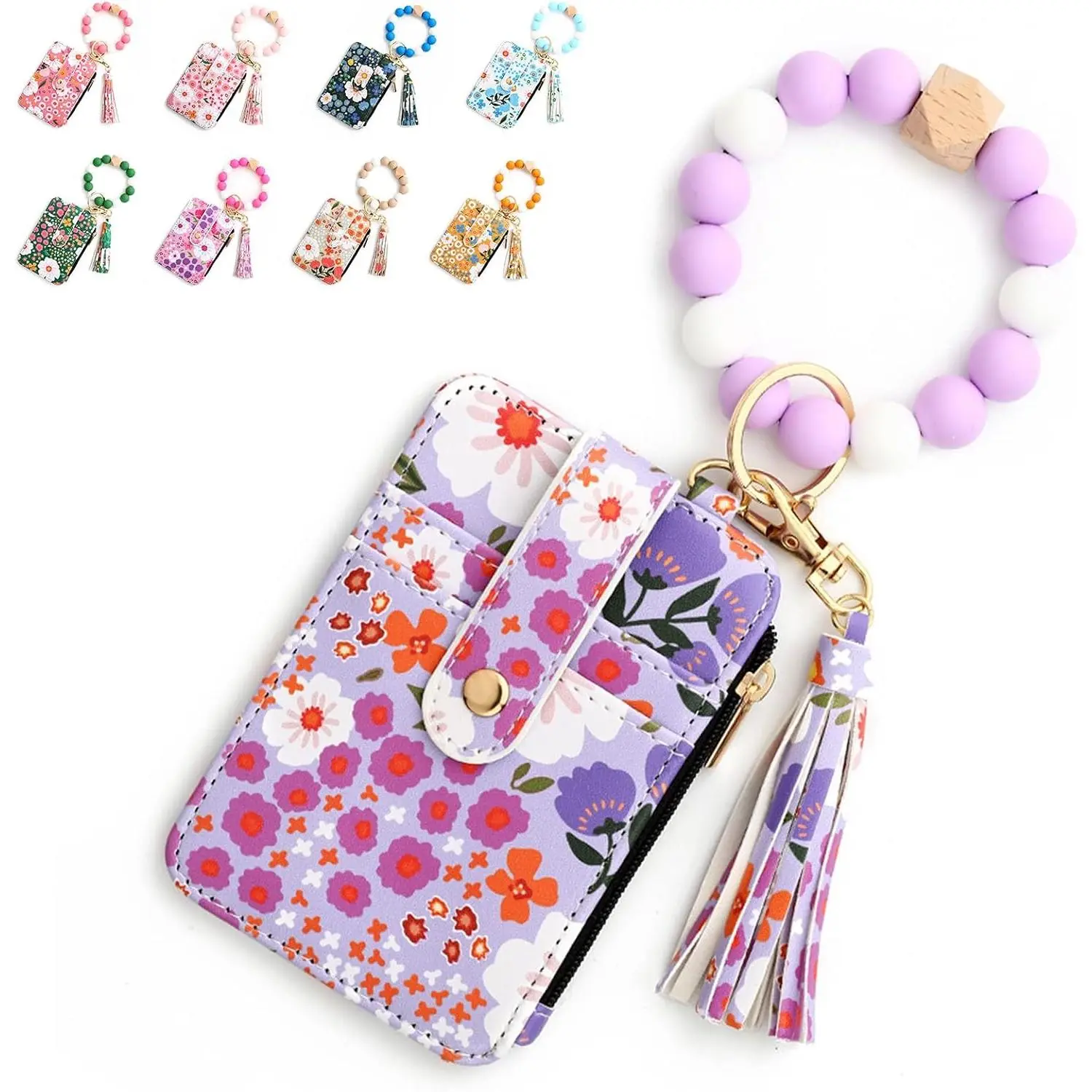 Women's Compact Wristlet Bracelet Keychain - Zip Slim Silicone Beaded Bangle Wallet with 1 x Large ID Window, 4 x Card Slots, Tassel Key Ring - Ideal for Casual Use, Birthday Gifts, Durable, Friends, Teachers, Graduation, Great Gifts Choice, Portable, Wed