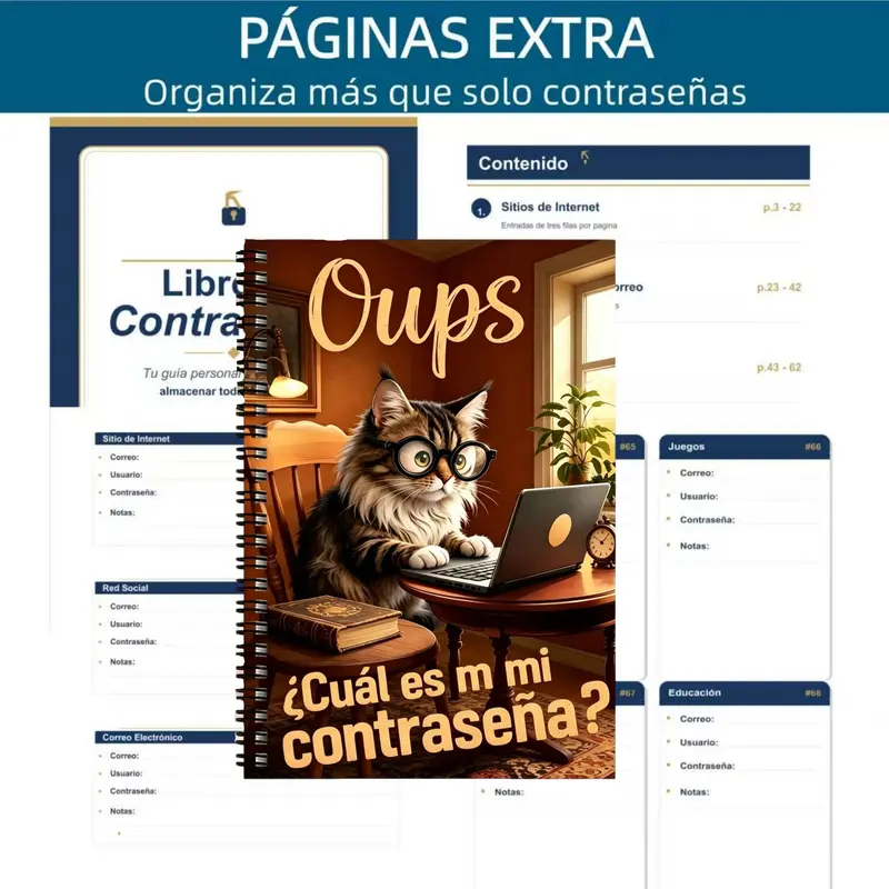 1 Spanish Password Notebook with Password Manager - Logbook for website usernames and passwords, password notebook for seniors, suitable as a home or office planner gift, password organizer and record book