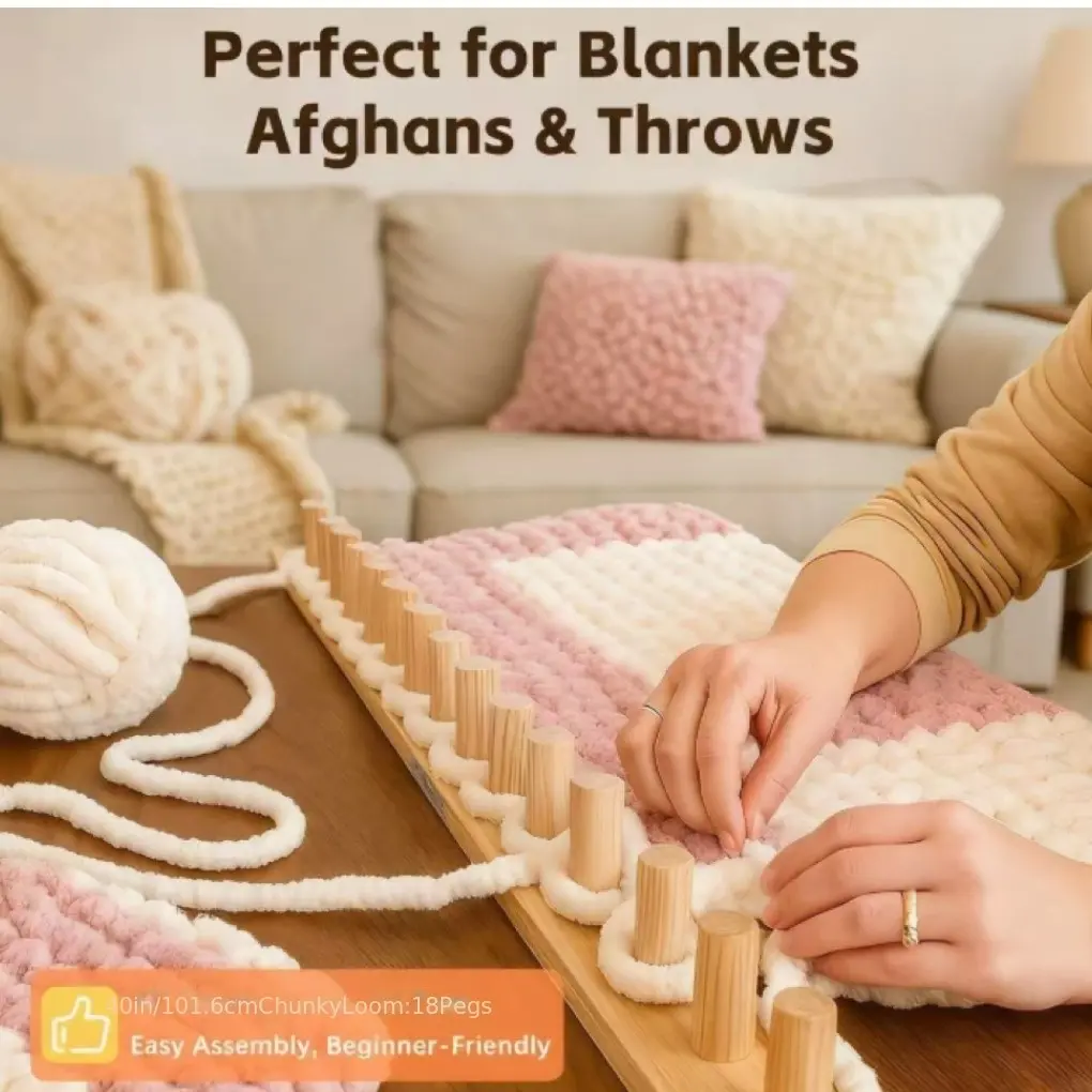 Thick Plush Blanket Weaving Tool Set, Adjustable Size Handmade Loom Kit, Easy to Use, Easy Assembly, Wooden Material, DIY Crafts for Beginners, Chunky Blanket