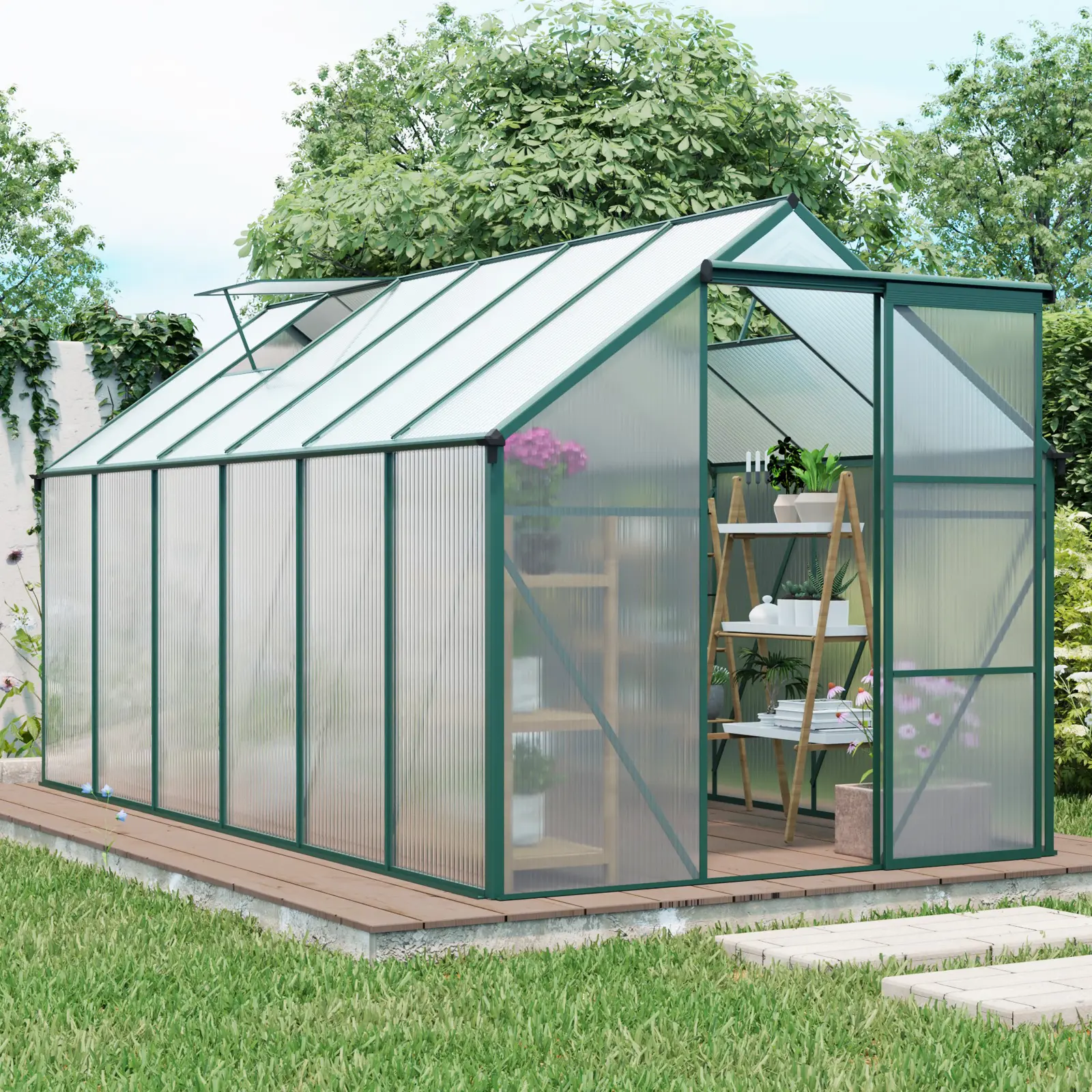 ARCH 6x12 FT Large Size Walk-in Polycarbonate Greenhouse - Galvanized Base, Sliding Door, Heavy-Duty Aluminum Frame, Adjustable Roof Ventilation, Sun Protection, Outdoor Spacious Interior, 76.07 lb, 146.06W x 74.80D x 76.77H in, Plant Animal Protection