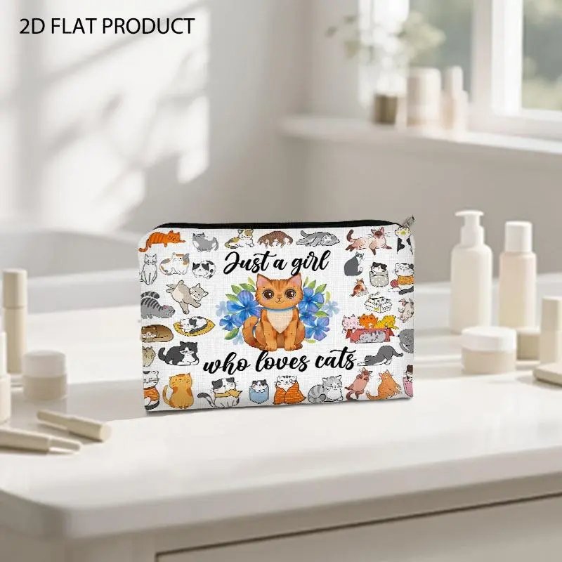 Colorful Cat Pattern Cosmetic Bag, 5.9*8.66inch Portable Pouch with "Just a girl who loves cats" Slogan & Cute Cartoon Cat Prints, Lightweight Storage Organizer for Skincare & Makeup Essentials, Ideal for Daily Use, Travel & Outdoor Trips