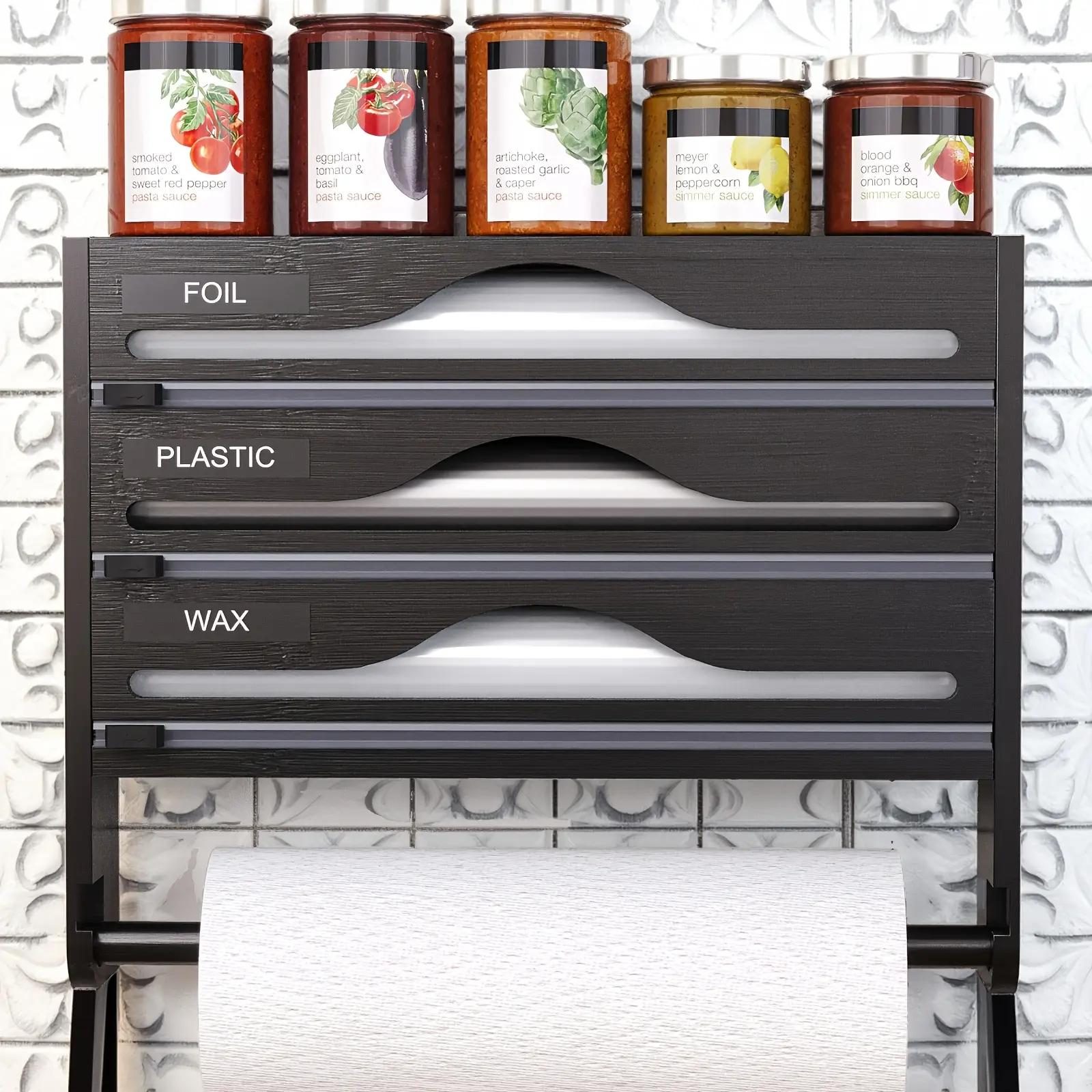 Multi-Functional Wall-Mounted Kitchen Three-In-One Foil Plastic Film Cutter Box, Home Restaurant Disposable Film Tin Storage Rack, Essential Kitchen Organizer