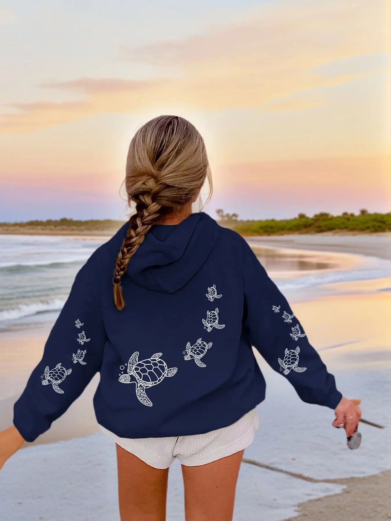 Women's Thickened Fleece Hooded Sweatshirt, Casual Drawstring Design with Pockets, Turtle Print, Fall Winter, Unisex, Gift Idea