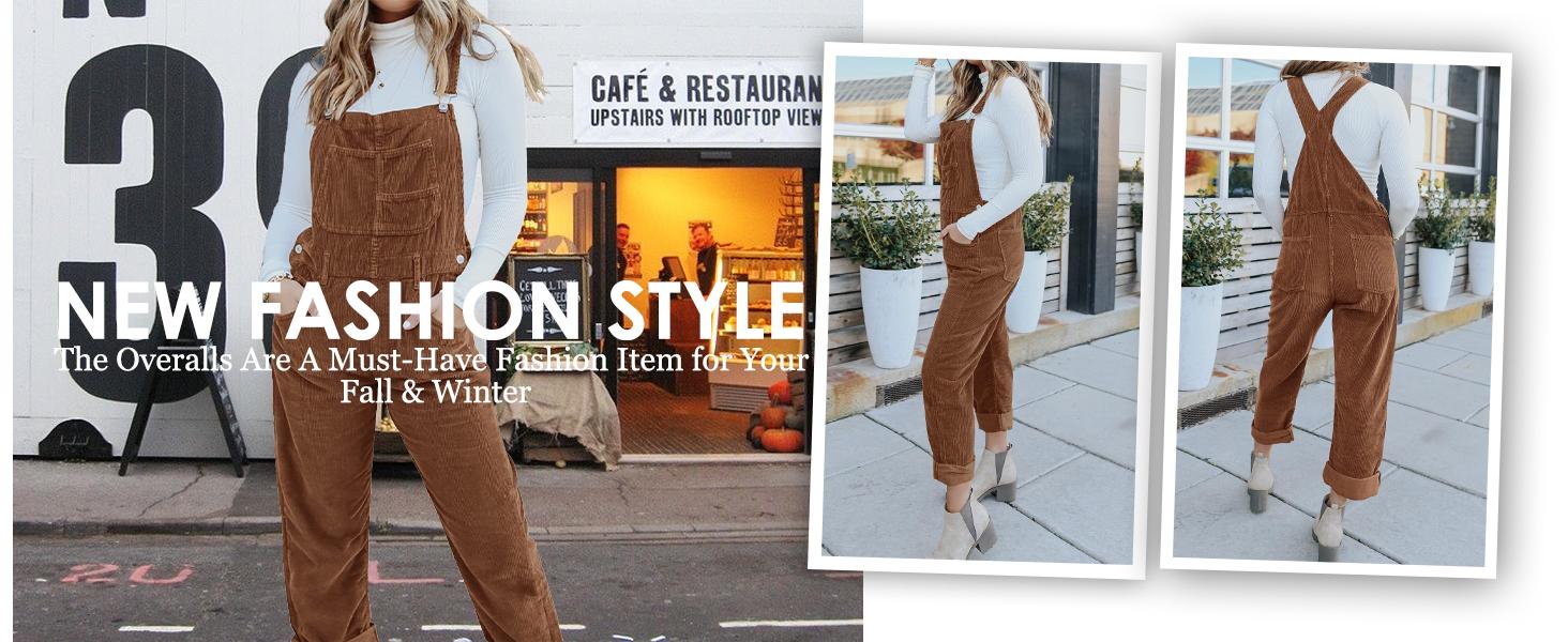 Women's Corduroy Overalls With Adjustable Straps, Baggy Bib Jumpsuit, Casual With Pockets