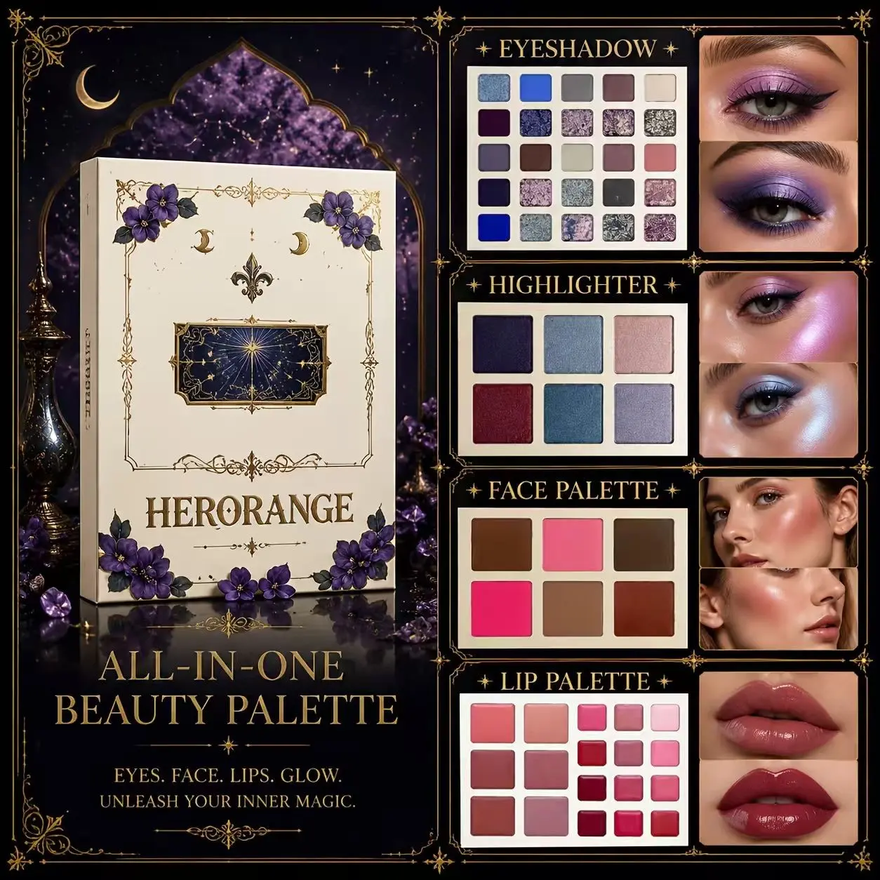 All-In-One Multifunctional Makeup Palette, Full Face Kit, Eyeshadow, Highlighter, Blush, Contour, Bronzer, Lip Cream, Pigmented, Highly Pigmented Palette, Long Lasting, Gothic, Halloween, Cosplay