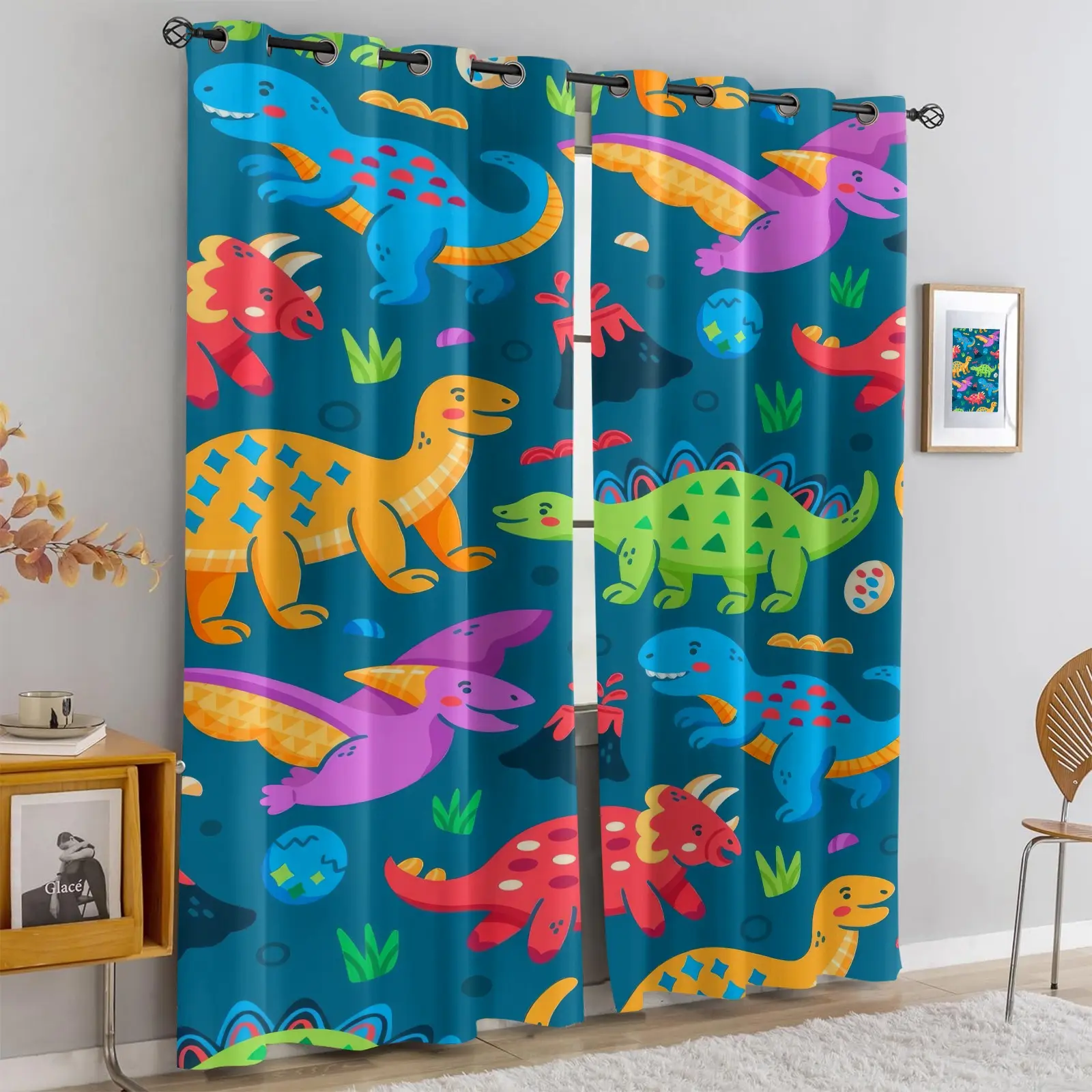 Cartoon Dinosaur Print Curtains, 2 Pack Colorful Window Curtains, Light Blocking to Protect Privacy, for Boys Girls Bedroom Playroom, Fun Prehistoric Animal Themed Curtains