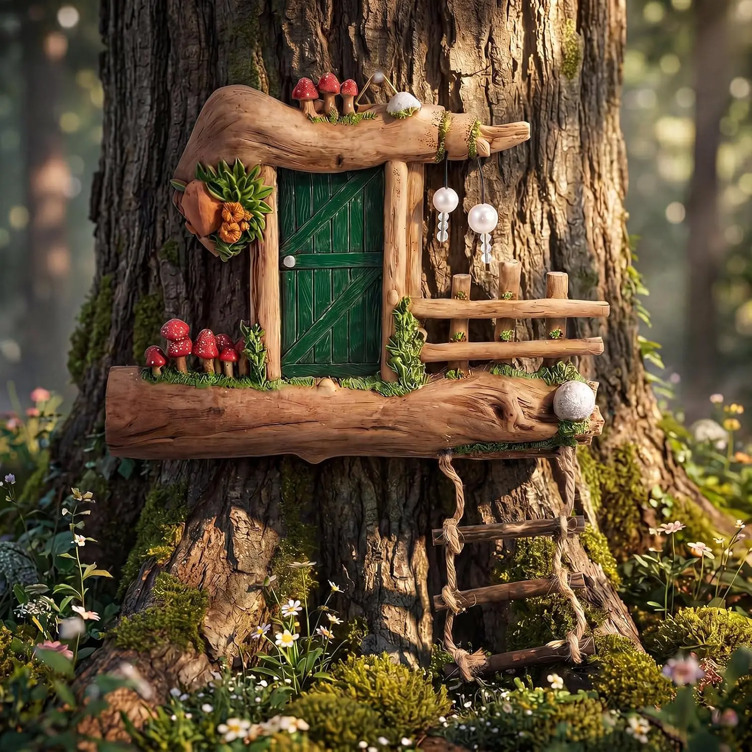 Fairy Door for Trees Outdoor  Fairy Garden Door Accessories with  &   Accents Miniature  House for Garden Wall Outdoor Decorations Tree Trunk(Dark Green)