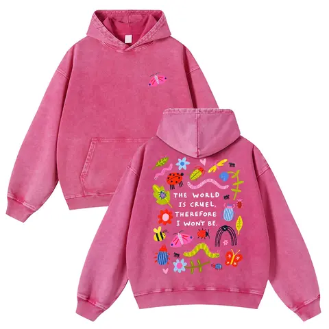 Cute Bug Print Pink Washed Hoodie The World Is Cruel Slogan 380g Autumn VIntage Washed Hoodie Graphic Sweatshirt