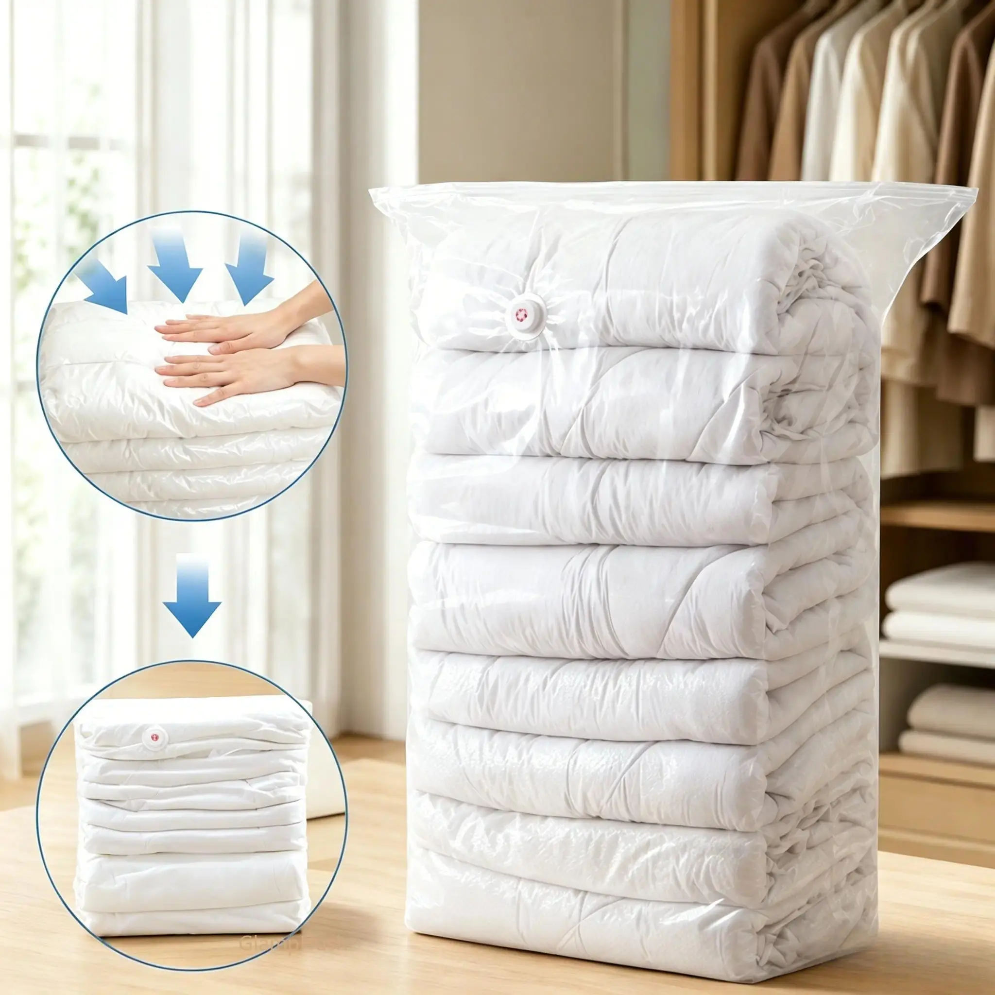 4 Pack No-Pump Vacuum Compression Storage Bags, Thick PA+PE Reusable Seal Bags, Odor-Proof Moisture Dust Water Resistant, Multi-Size Space Saver for Clothes, Bedding & Home Organization, Organiser, Small Size/4Pack