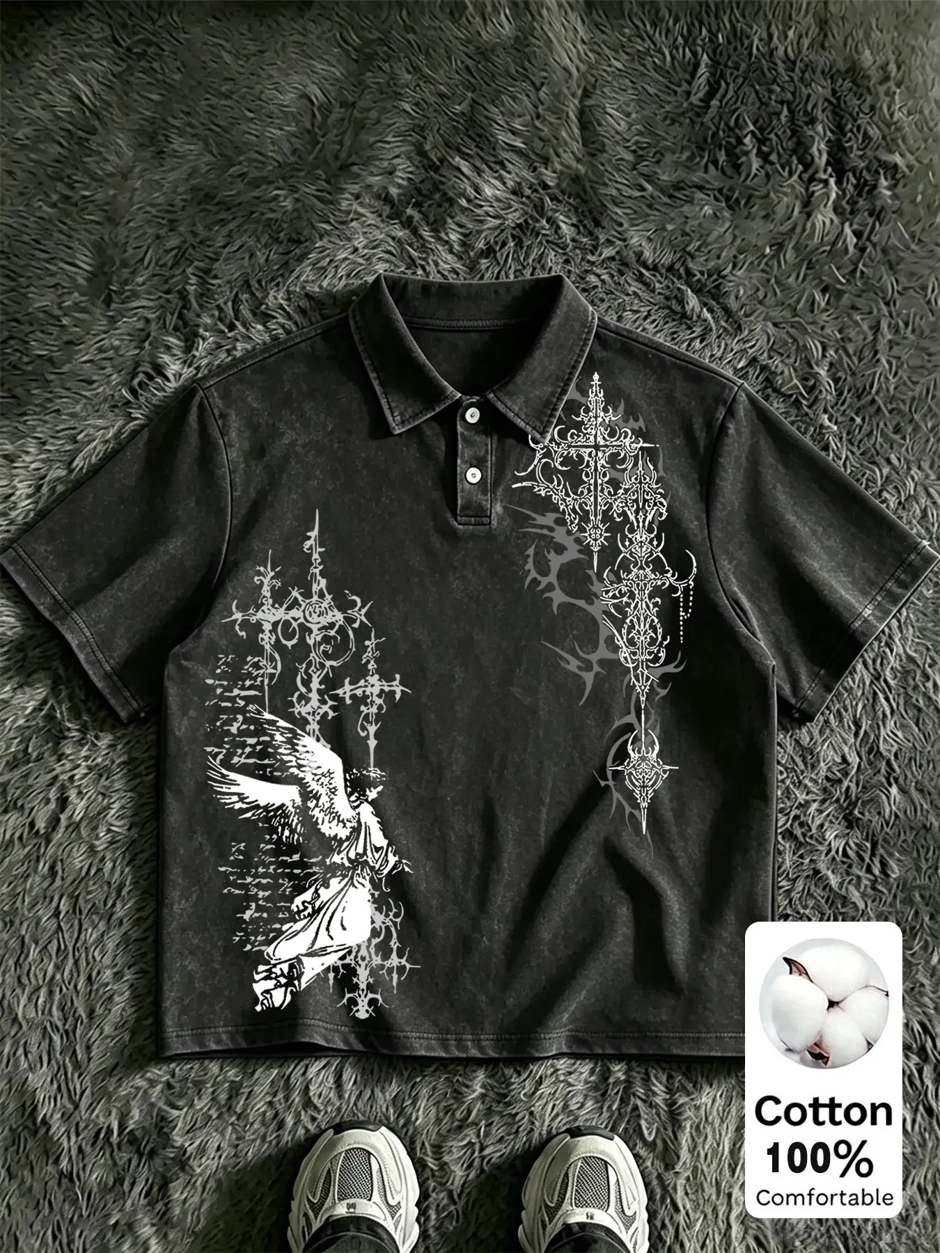 Unisex Vintage Stone Wash Short Sleeve Polo Shirt, Gothic Angel Cross Graphic, Loose Fit Rock Style Streetwear Top