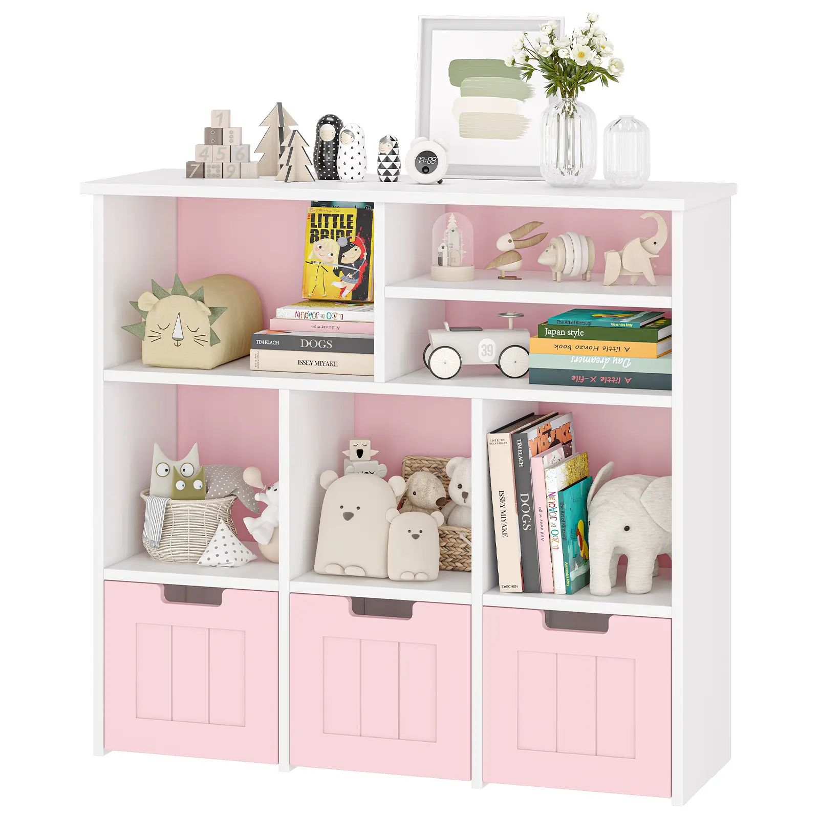 Multi-Functional Kids Bookshelf and Toy Storage Cabinet – 3 Movable Drawers, 6 Cubbies, Wooden Organizer – Modern Bookcase for Bedroom, Playroom, Nursery – Pink and White