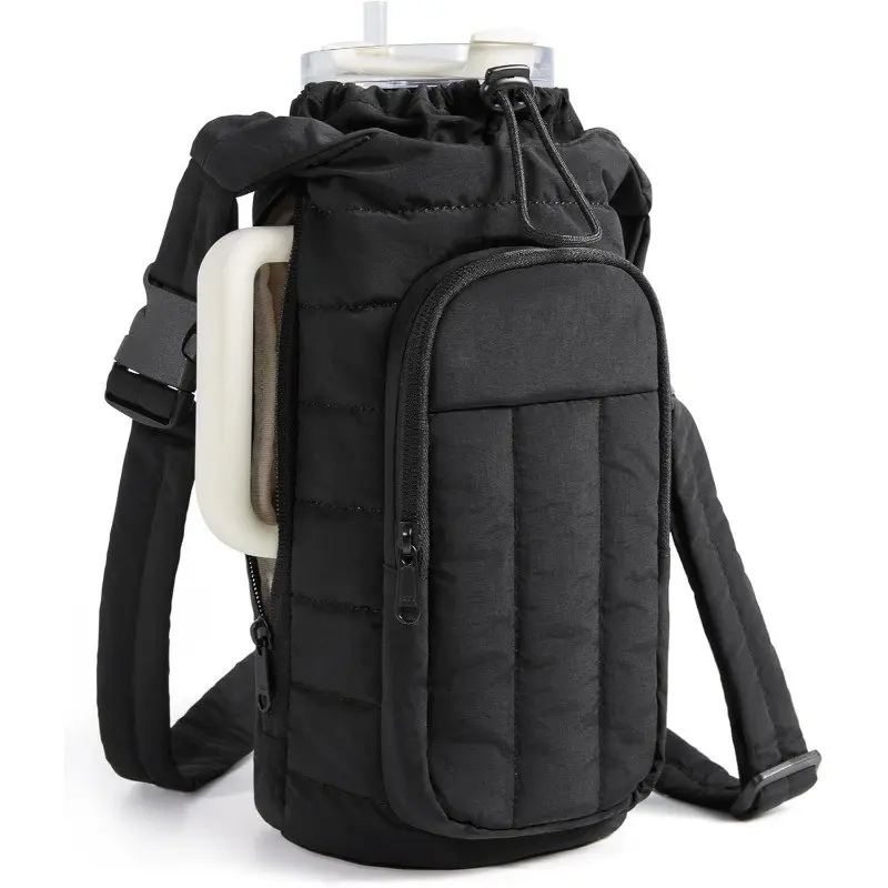 Quilted Drawstring Fabric Water Bottle Carrier, Multi-Pocket Tumbler Sleeve, Adjustable Strap, Fits 18oz-64oz, Gym Hiking Travel Bag