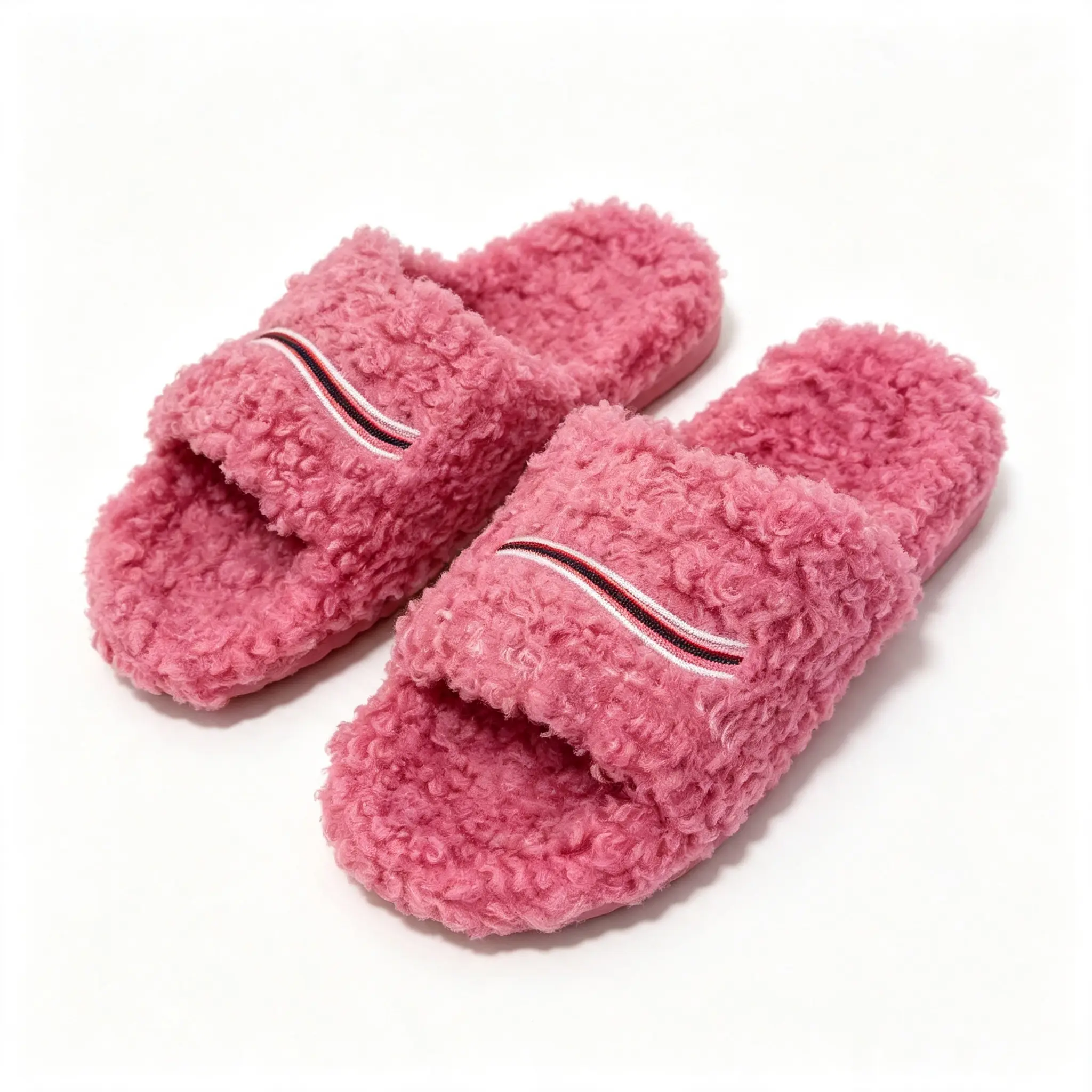Pink Curly Fuzzy Slide Slippers, Striped Decor Open Toe Fluffy Plush Slides, Warm Cozy Slip On Indoor House Slippers, Fashion Casual Winter Comfort Footwear for Indoor & Brief Outdoor Wear