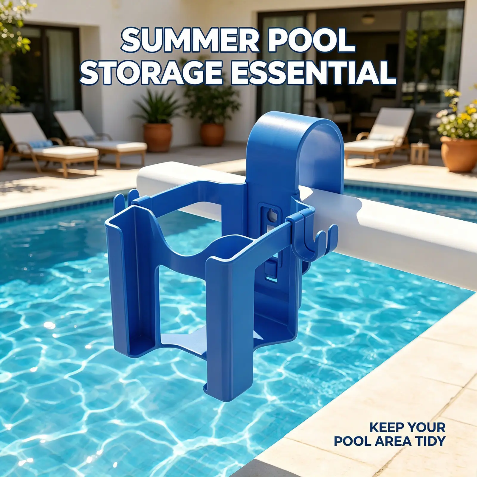 Poolside Storage Basket, Towel, Drink & Toy Organizer Box with Hooks, Swimming Pool Accessories, Pool Gear Holder, Plastic Basket