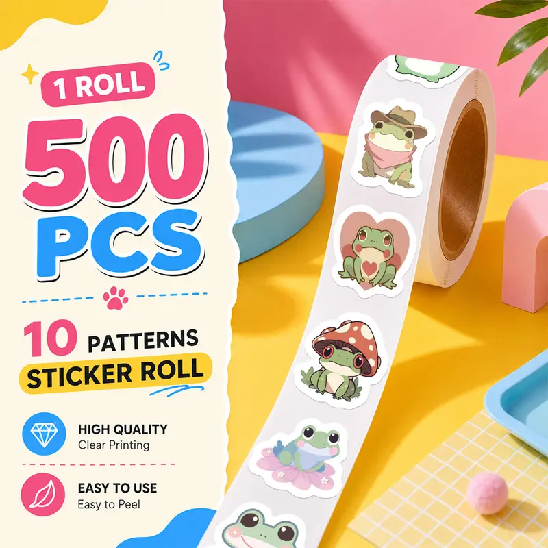 500PCS/Roll Frog Sticker Roll, 10 Designs Aesthetic Decorative Sticker Tape, Self Adhesive Journaling Stickers for Notebook, Laptop, Phone Case and Daily Decoration
