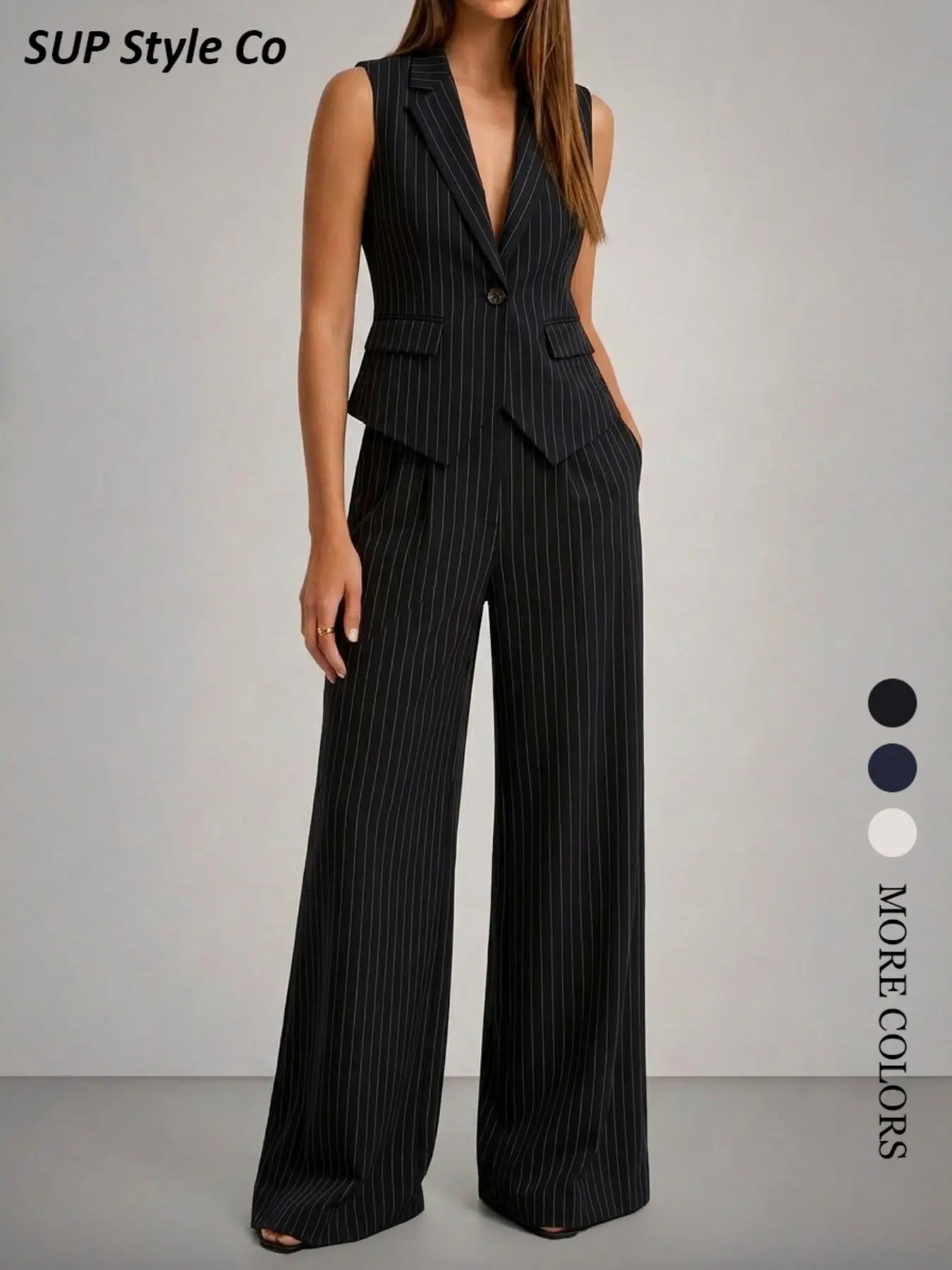 Women's 2-Piece Matching Set: Striped Sleeveless Blazer Vest & Bell Pants with Pockets, Vintage Professional Style, Suitable for Office, Formal Events, Spring Fall