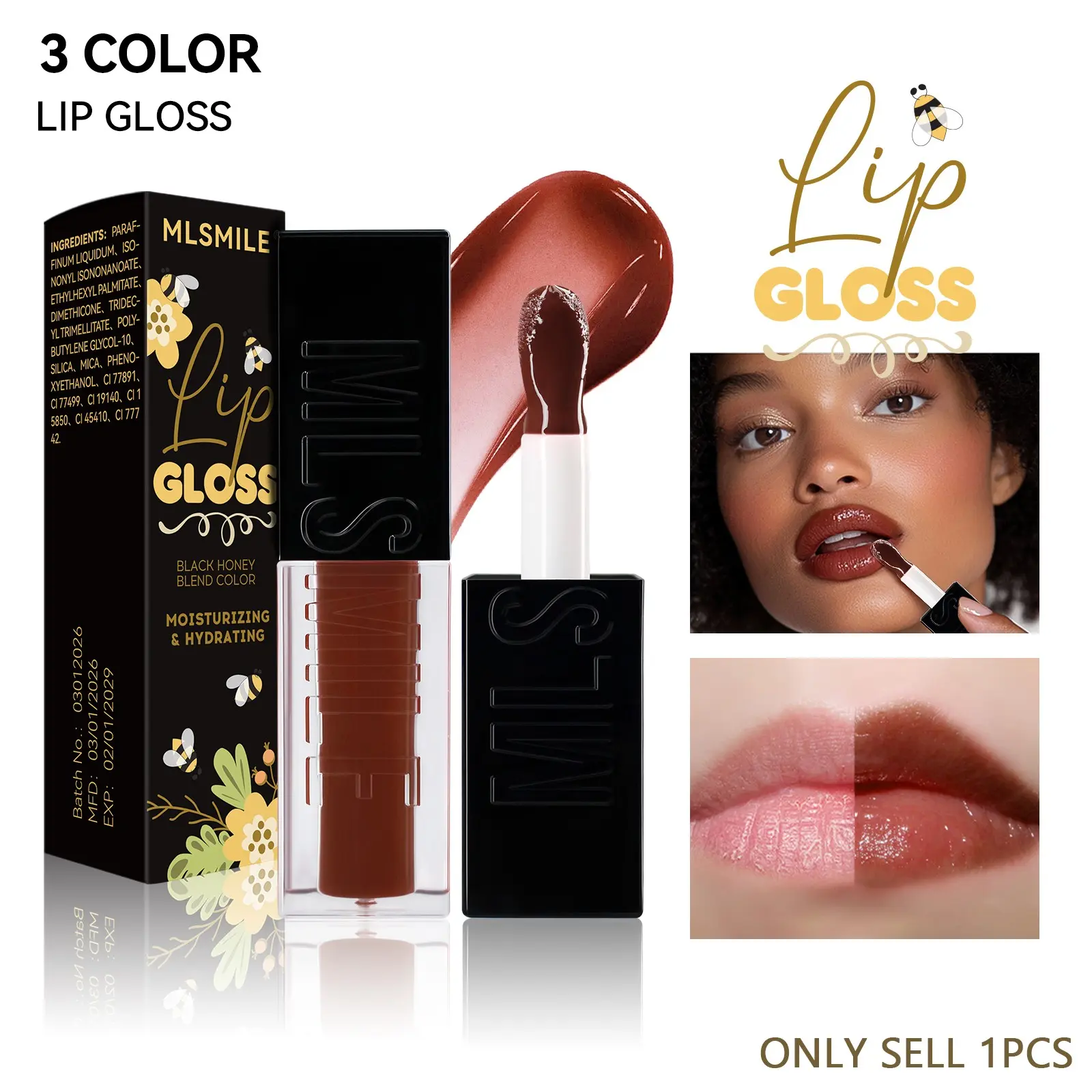 High Shine Honey Lip Gloss, large fluffy applicator for easy full lip coverage, waterproof long wear glossy color, non-sticky comfortable wear, natural warm earth tones match daily dating and party makeup styles