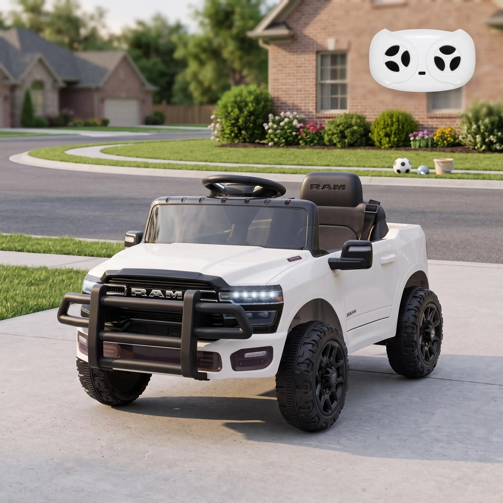 【IdealHouse】12V Licensed RAM Kids Electric Ride On Truck, Battery-Powered Toy with Remote Control, Music Feature, LED Lights, Spring Suspension, 3 Adjustable Speeds, All-Terrain Tires, Cool Gift for Kids (With Batteries)