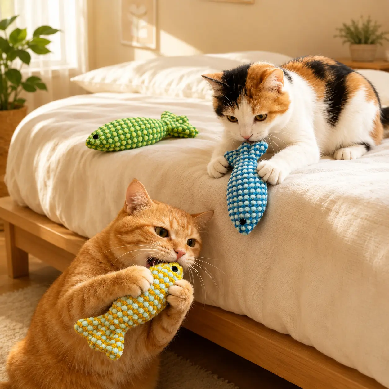 3pcs Chubby Fish Cat Squeaky Plush Toys Interactive Chewable Teeth Cleaning Fishbone Chewing Toy Sturdy Companion Accessories Random Colors
