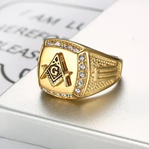 Best-selling classic retro Masonic AG titanium steel vacuum gold-plated rhinestone men's ring
