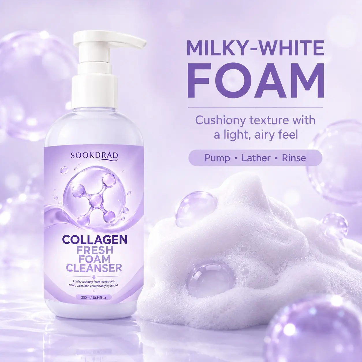 Collagen Fresh Foam Cleanser, collagen, clean skin, calm skin, hydrate skin, face, cushiony foam, fresh, 300ml/10.14fl oz