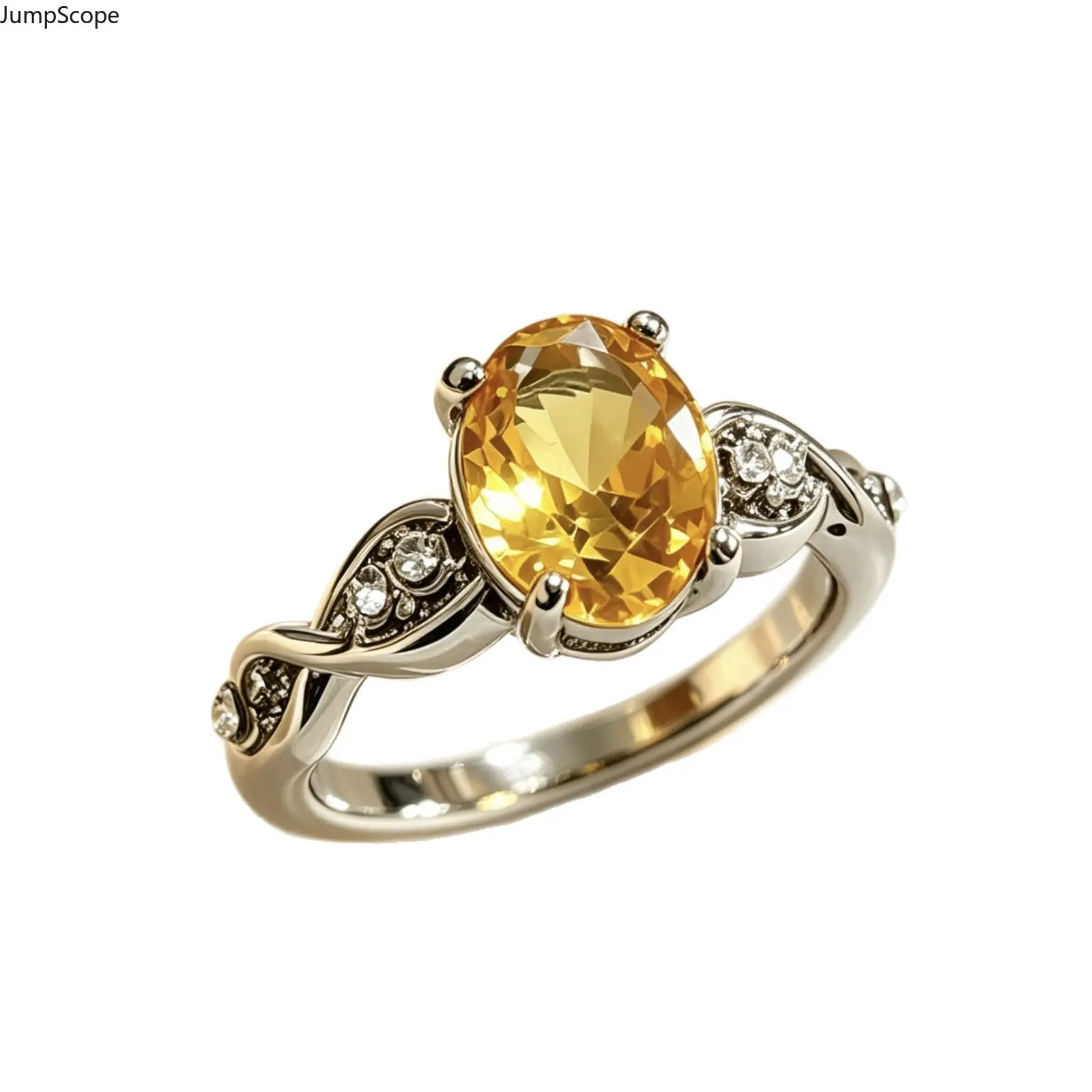 Women's Fashion White Gold-Plated Oval Warm Honey Champagne Citrine CZ Ring - Intertwined Twisted Vine Micro-Pave Zircon Minimal Tone Stackable Engagement Band for Spring Dating, Anniversary
