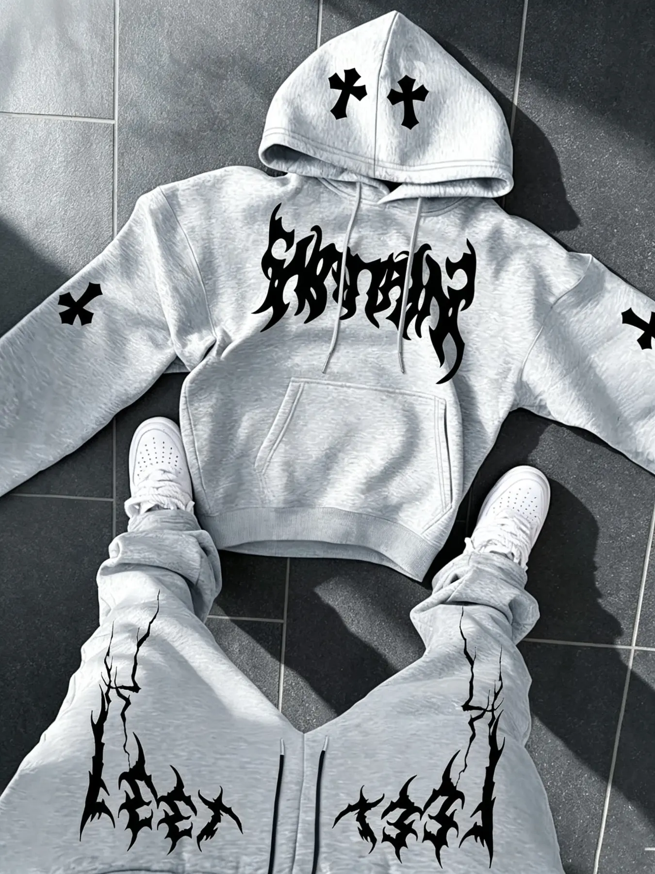 Men's Two-Piece Set, Gothic Cross Print Hoodie and Jogger Pants, Loose-Fit Streetwear, Long Sleeve, All Seasons, Casual Suit