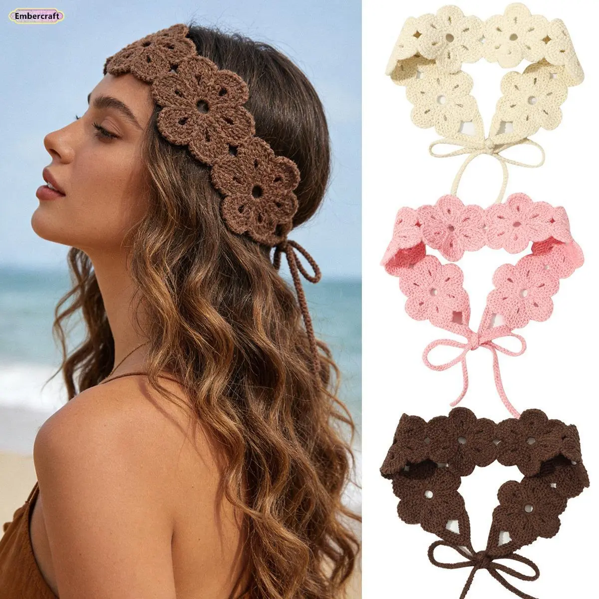 Women's Whimsical Soft Stretchy Lightweight Polyester Boho Crocheted Flower Headband - Handcrafted Hair Accessory for Daily Wear, Beach Outings, Mother's Day Gift