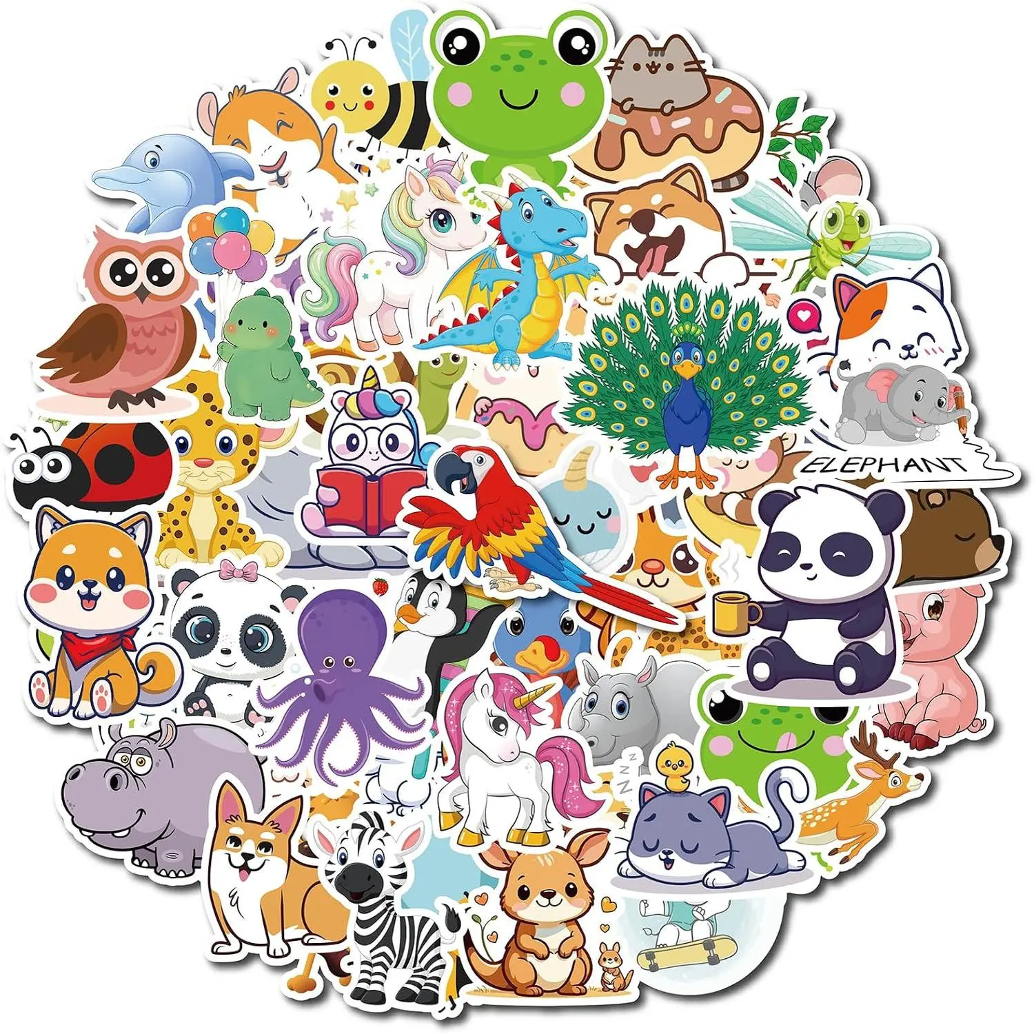 100 count Water Bottle Stickers for  Removable   Cute Cartoon  & Unicorn Designs Easy to Peel/ Ideal for Water Bottles Laptops Lunch Boxes