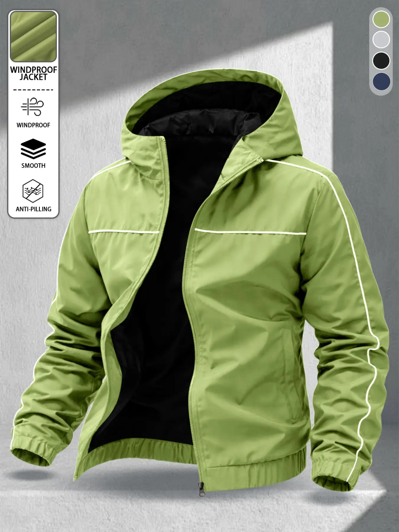 Men's Minimalist Hooded Flying Jacket, Loose-Fitting Long Sleeve, Casual All-Season Outerwear, Four Solid Colors, Pull-On Closure