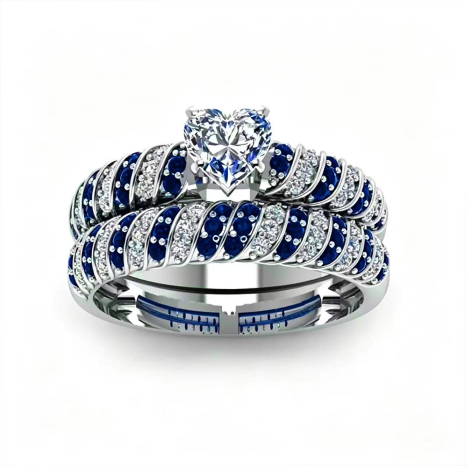 Trendy Heart Shaped CZ Ring Set Shiny Blue Crystal Wedding Bands Fashion Two Piece Finger Jewelry Gift for Women,back to school,back to school haul
