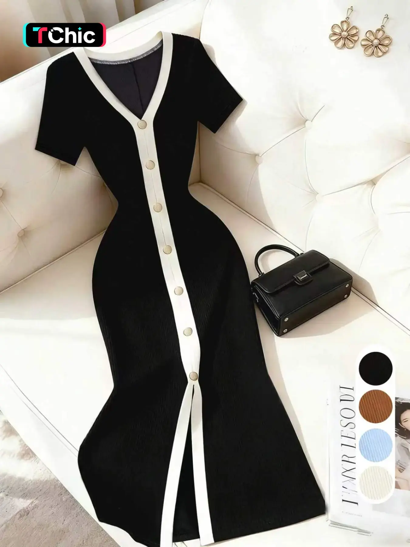 Elegant Knit Dress, Chic, Knitted, Short Sleeve Long Dress, Solid Color, Slim Fit, High Waist, French Style, Casual Wear, Office Wear, Date Night, Tea Time, Pear Shape