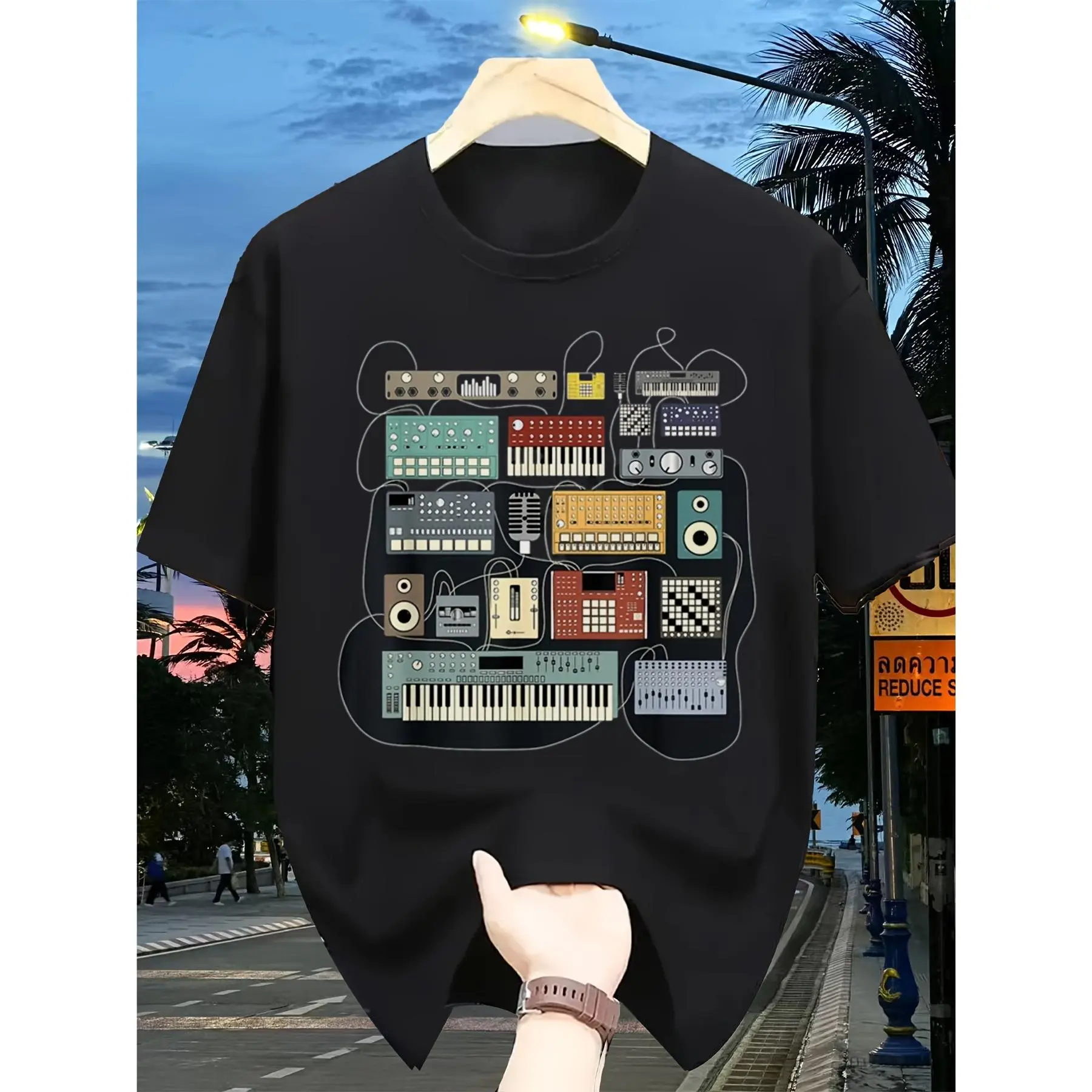 Men'S Vintage Electronic Music T-Shirt Featuring a Chart of Classic DJ Equipment Like The Roland TB 303, Korg MS 20, And TR 808 Rhythm Box.A Perfect Gift for Music Producers