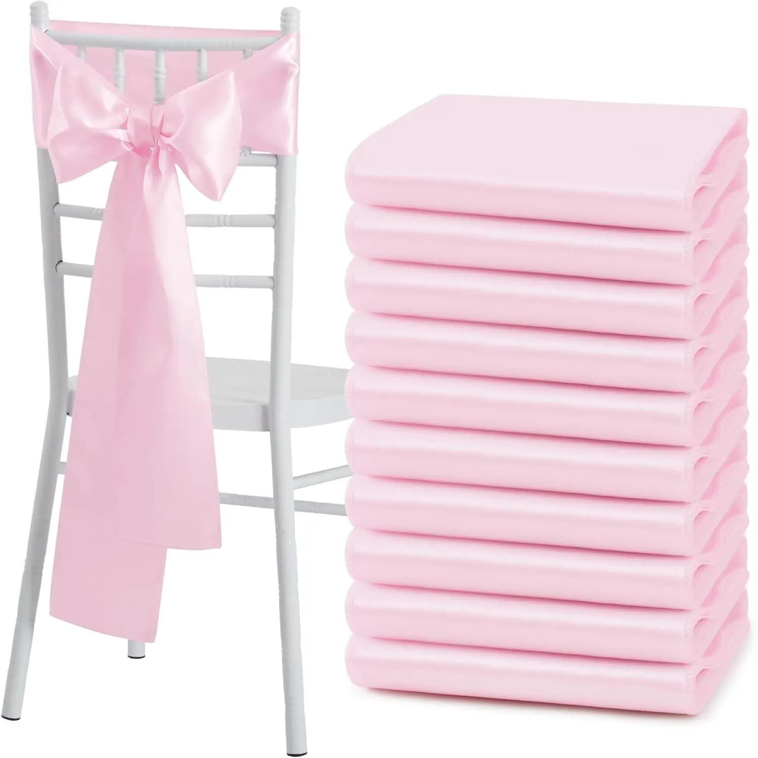 Pink Satin Chair Sashes, 6 x 108 inch, 50 Pcs, Bows, Universal Chair Cover, Wedding Reception Events Banquets Party, Hotel Event Decorations, Chair Cover Tie, Party Chair Covers