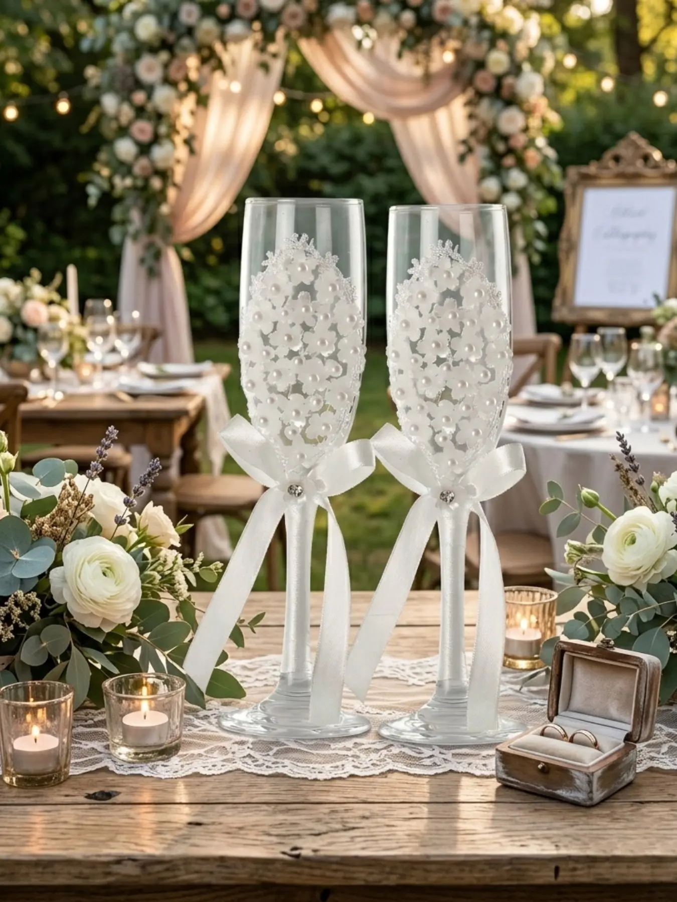 2-piece wedding champagne glass pearl flower lace bride and groom wish glass White Ribbon rhinestone bow bride goblet reusable transparent, Decorative Glass for wedding reception, engagement, anniversary, gift Glassware